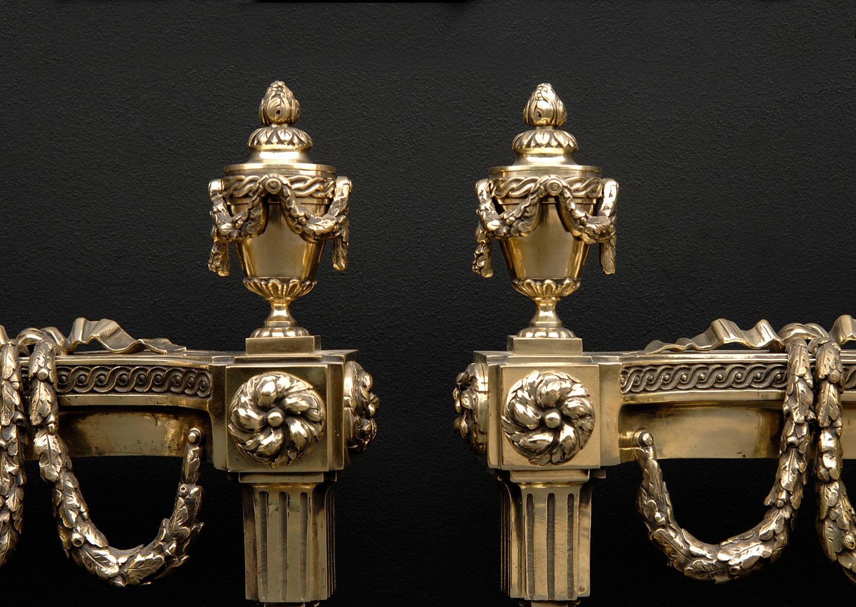 Louis XVI Very Fine Pair of Decorative Brass Chenets For Sale