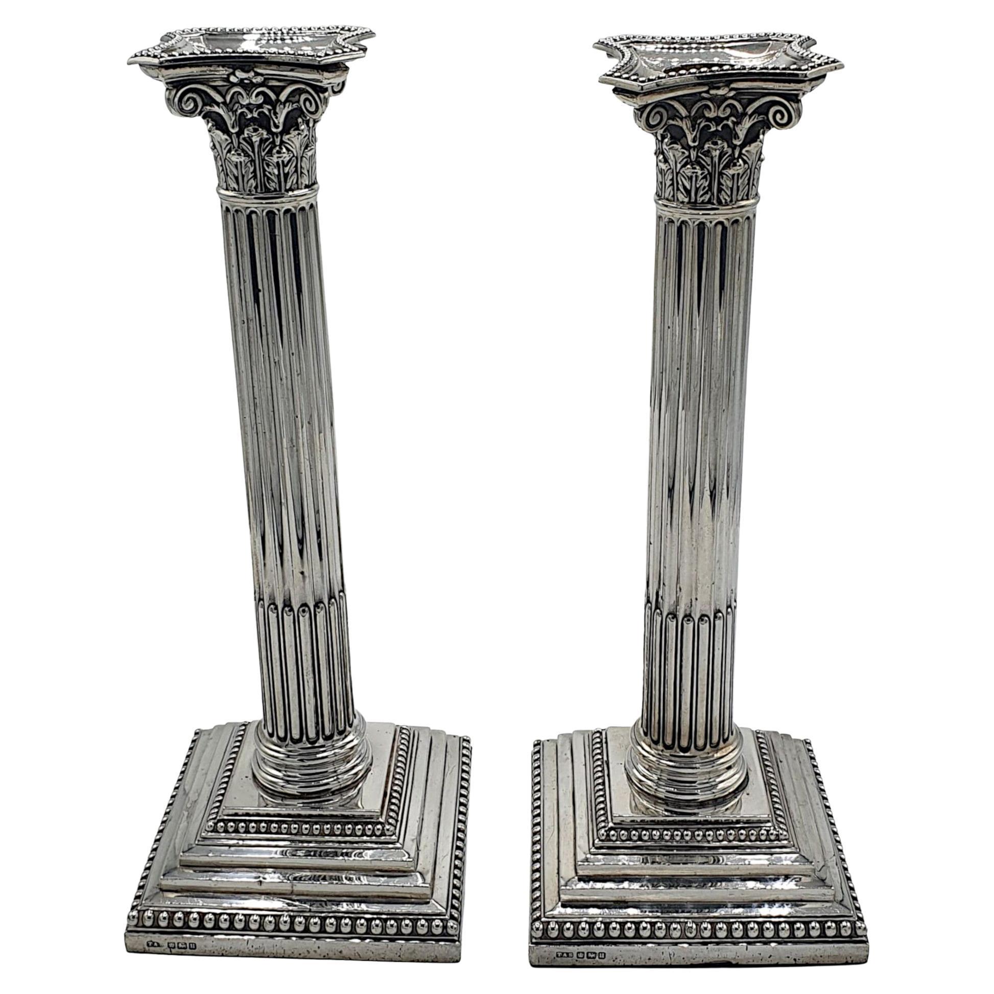 Very Fine Pair of Early 20th Century Corinthian Pillar Sterling Silver Candles