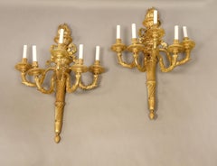 A Very Fine Pair of Early 20th Century Gilt Bronze Five Light Sconces