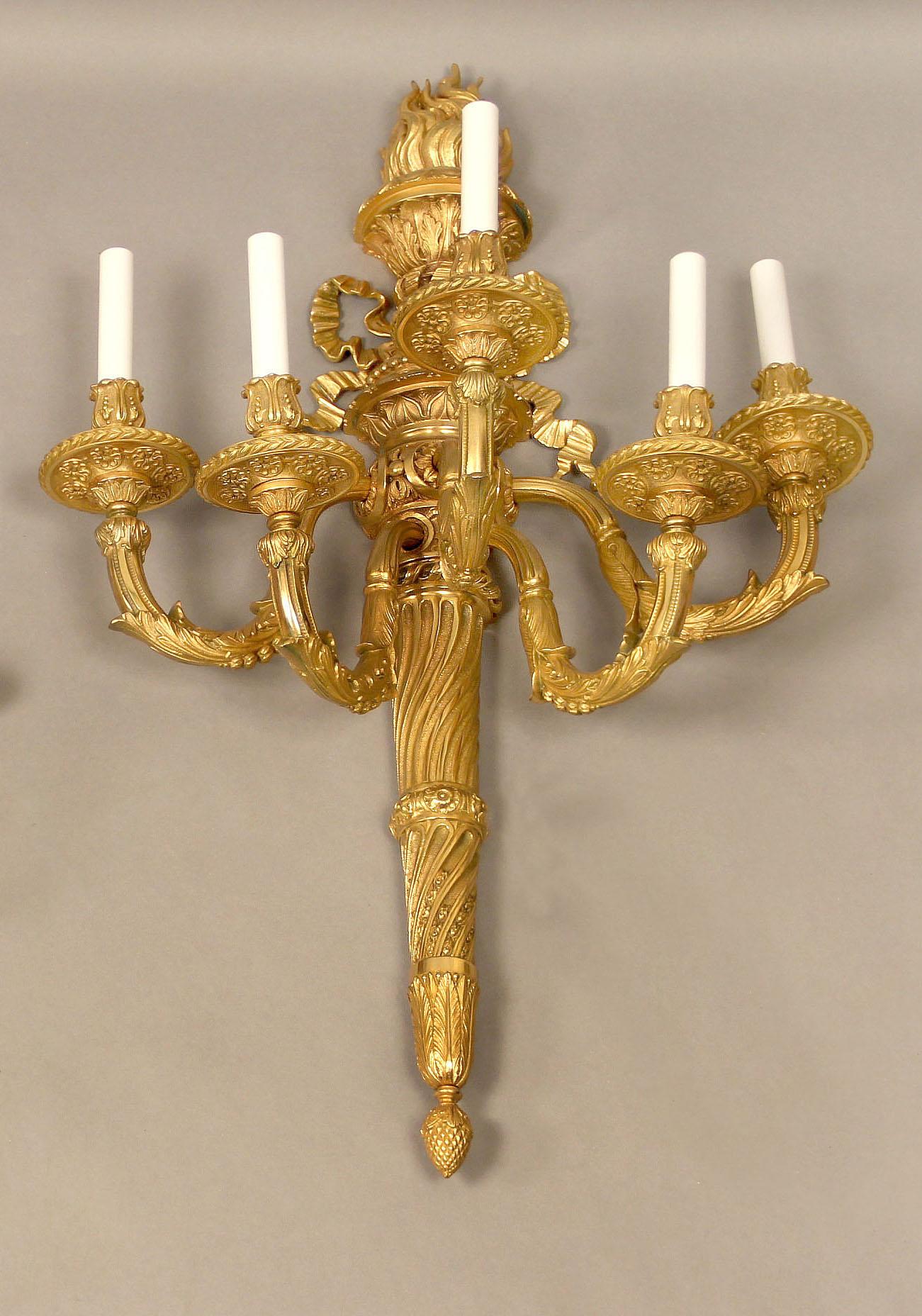 Belle Époque A Very Fine Pair of Early 20th Century Gilt Bronze Five Light Sconces For Sale