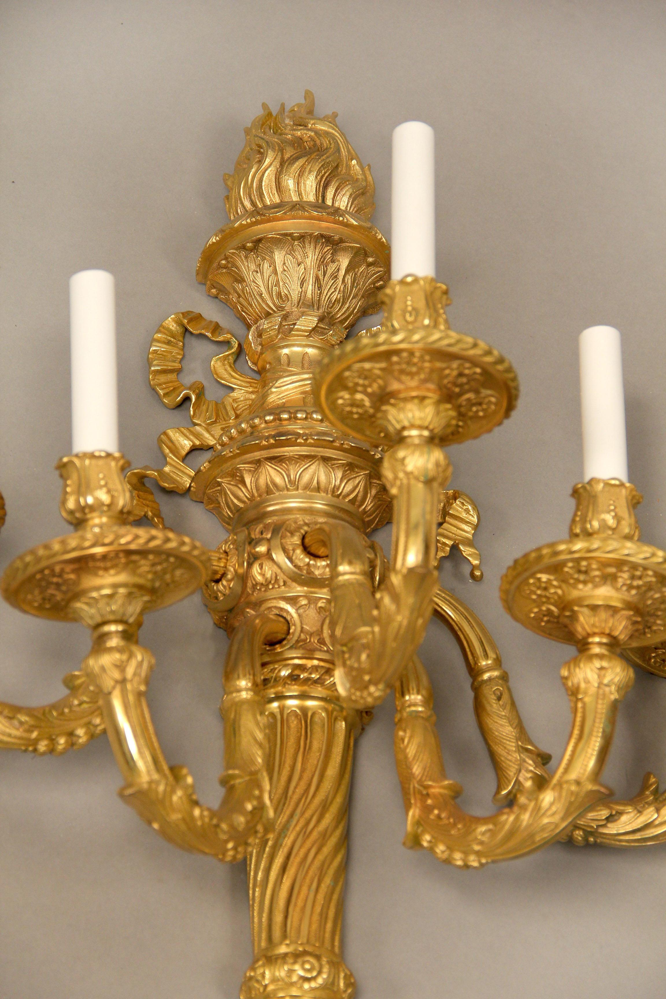 French A Very Fine Pair of Early 20th Century Gilt Bronze Five Light Sconces For Sale