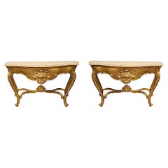 Très belle paire de consoles du début du 20e siècle avec plateau en marbre et bois doré 