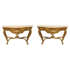 A Very Fine Pair of Early 20th Century Marble Top Giltwood Console Tables