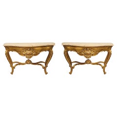 A Very Fine Pair of Early 20th Century Marble Top Giltwood Console Tables 