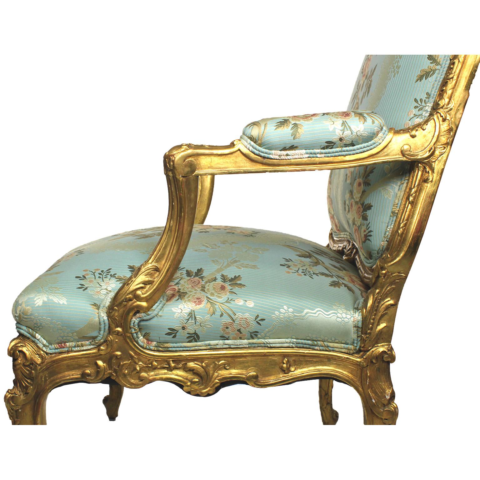 Very Fine Pair of French 19th Century Louis XV Style Giltwood Carved Armchairs 7