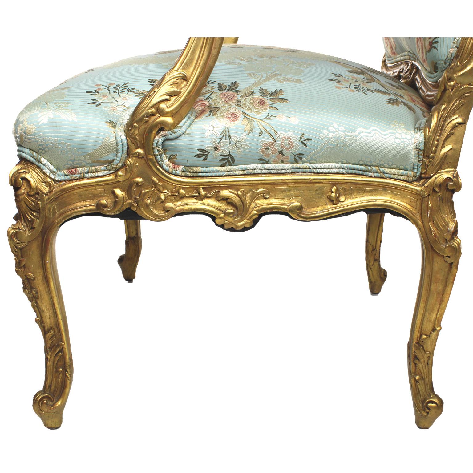 Very Fine Pair of French 19th Century Louis XV Style Giltwood Carved Armchairs 8
