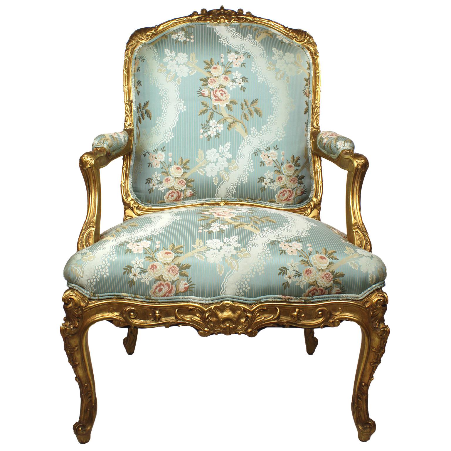 Hand-Carved Very Fine Pair of French 19th Century Louis XV Style Giltwood Carved Armchairs