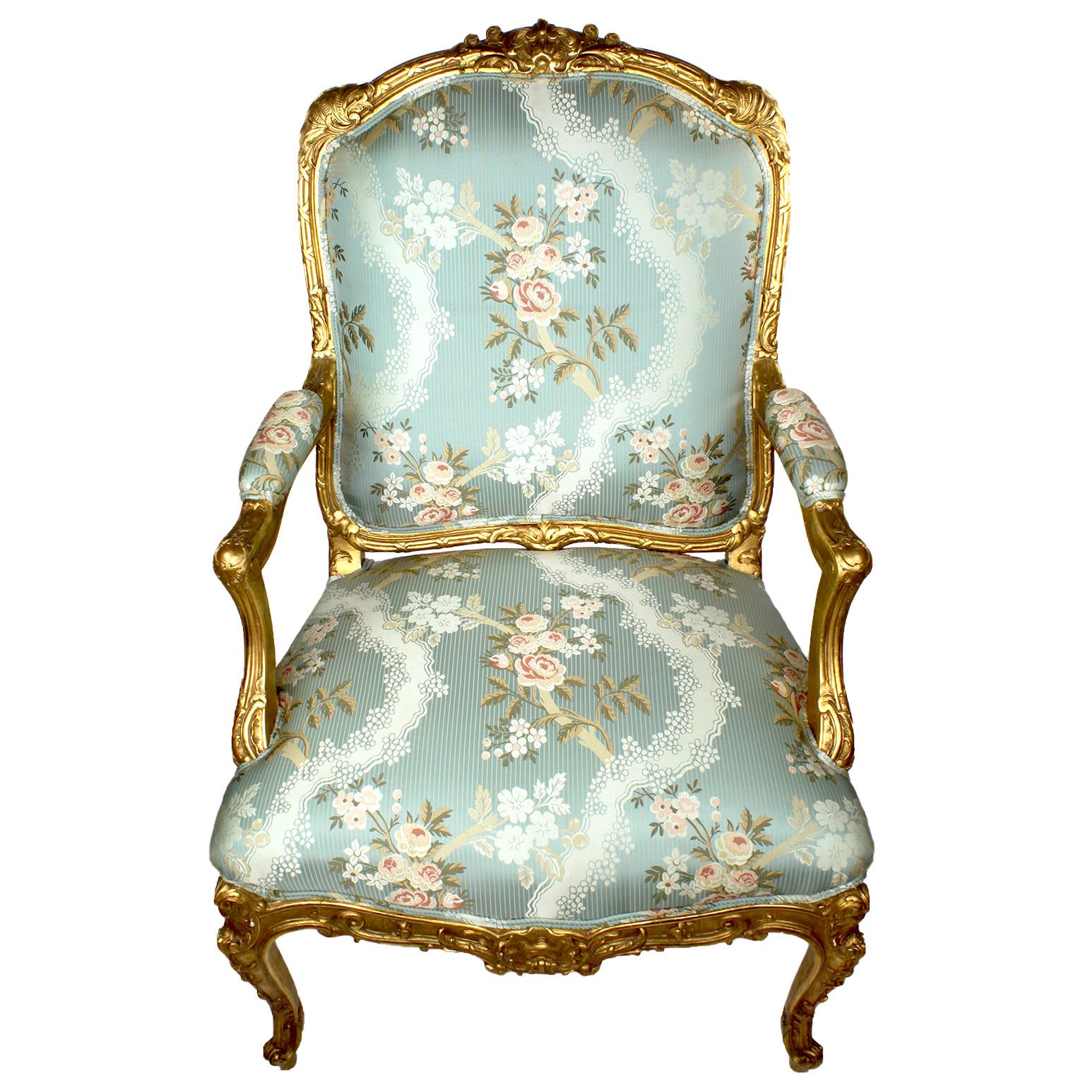 Cotton Very Fine Pair of French 19th Century Louis XV Style Giltwood Carved Armchairs