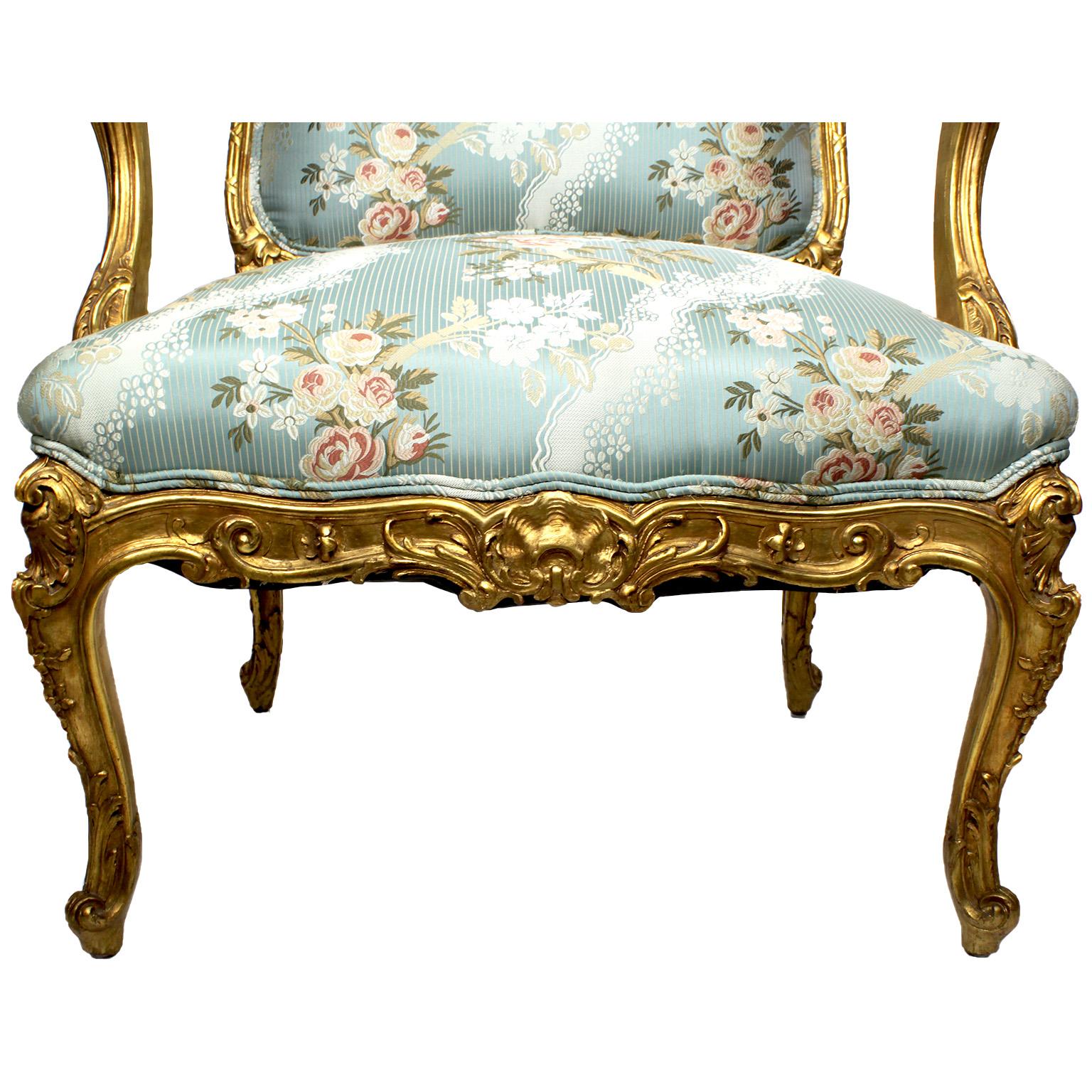 Very Fine Pair of French 19th Century Louis XV Style Giltwood Carved Armchairs 4