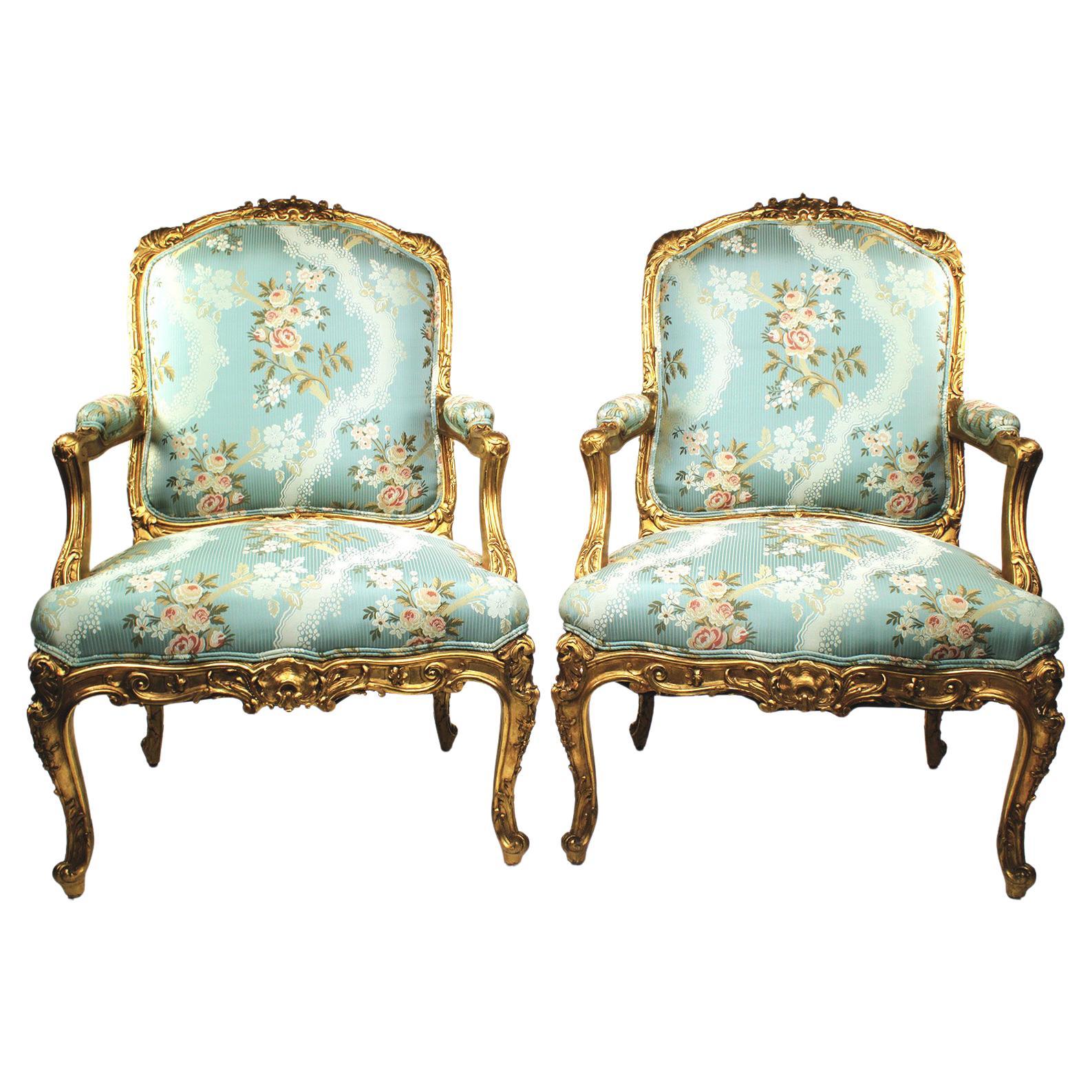 Very Fine Pair of French 19th Century Louis XV Style Giltwood Carved Armchairs