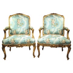 Very Fine Pair of French 19th Century Louis XV Style Giltwood Carved Armchairs