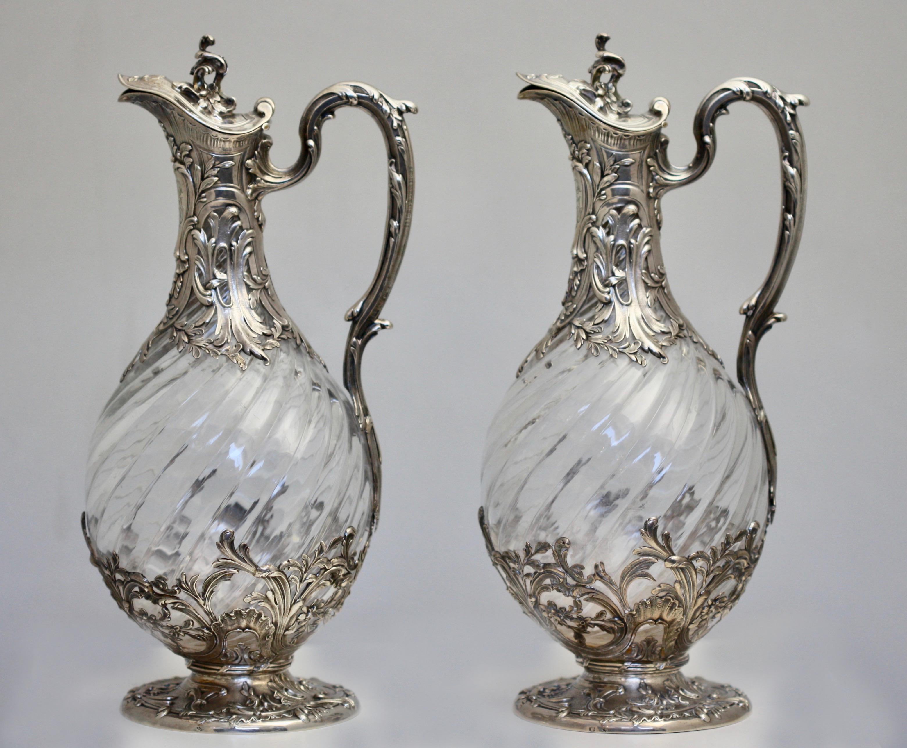 Late 19th Century Very Fine Pair of French Silver-Mounted Glass Claret Jugs, Paris, circa 1880 For Sale