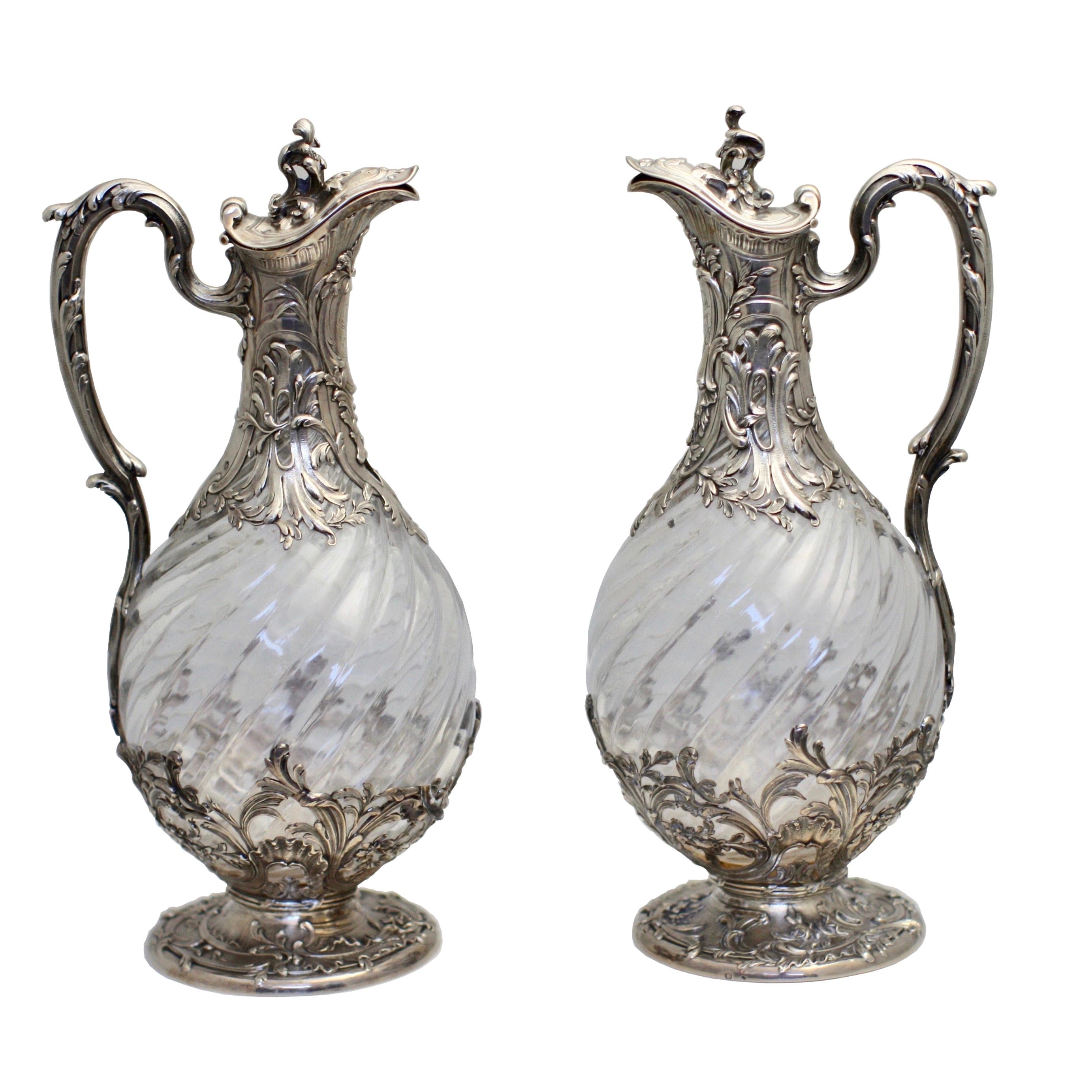 Very Fine Pair of French Silver-Mounted Glass Claret Jugs, Paris, circa 1880 For Sale