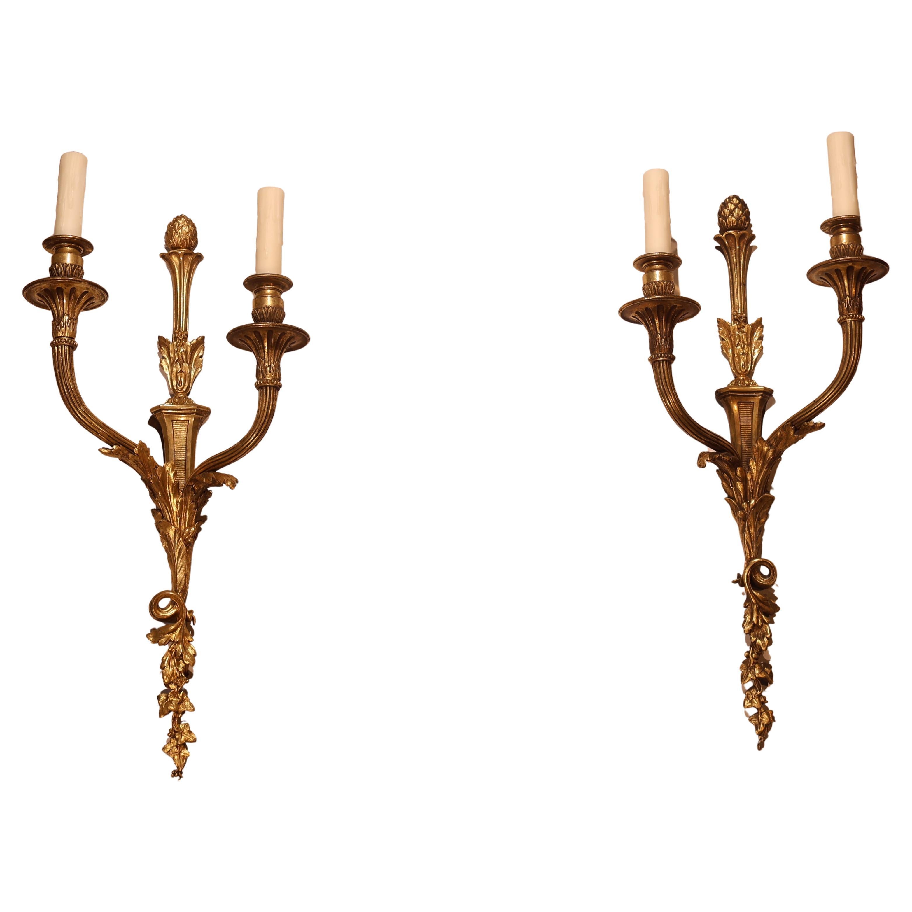 A Very Fine Pair of Gilt Bronze Wall Sconces For Sale
