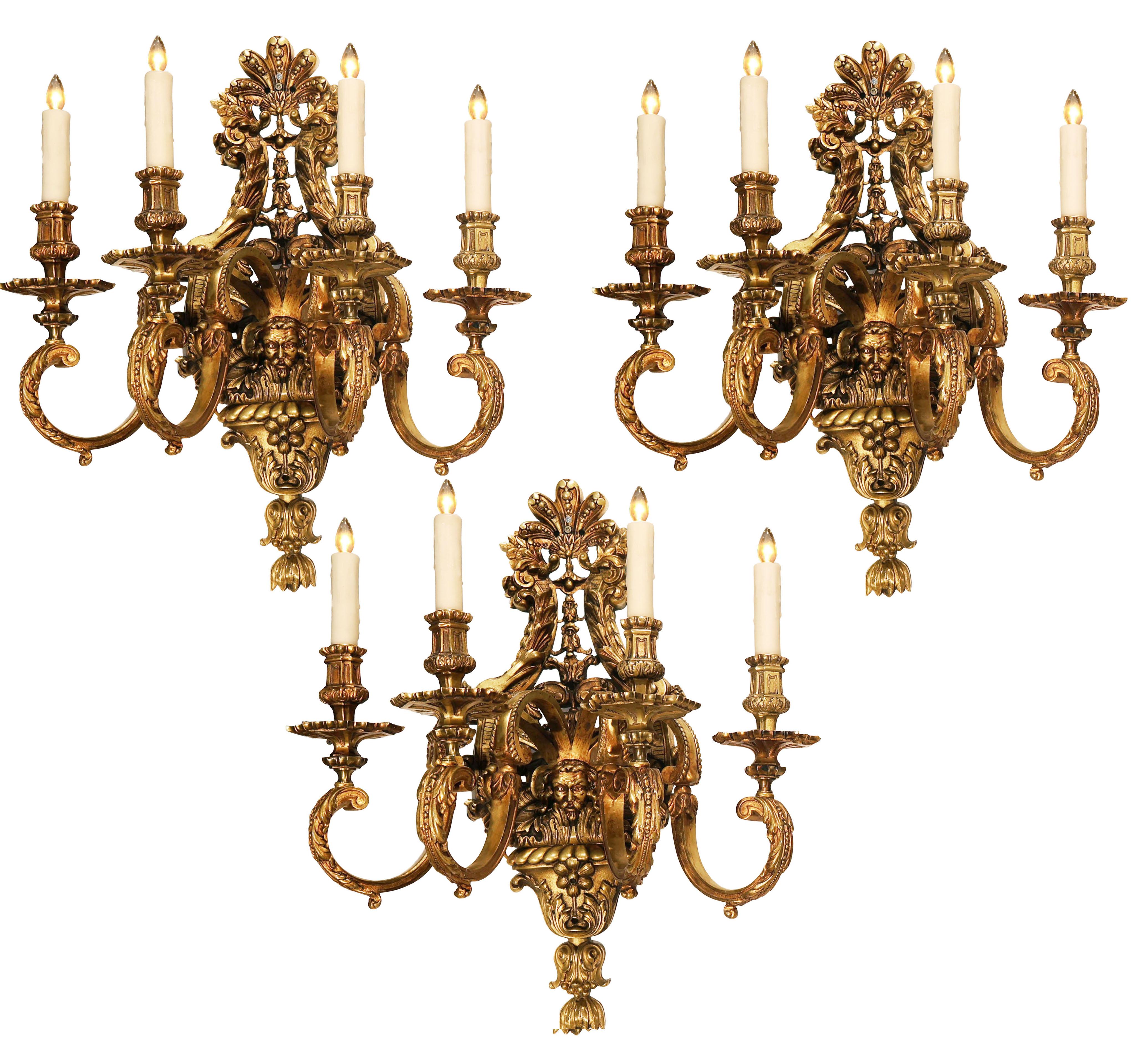 A Very Fine Pair of Gilt Bronze Wall Sconces in the Regence taste. Good Bronze chasing & original gilding. France, circa 1910. Third wall sconce available.
Dimensions: Height  25 1/2