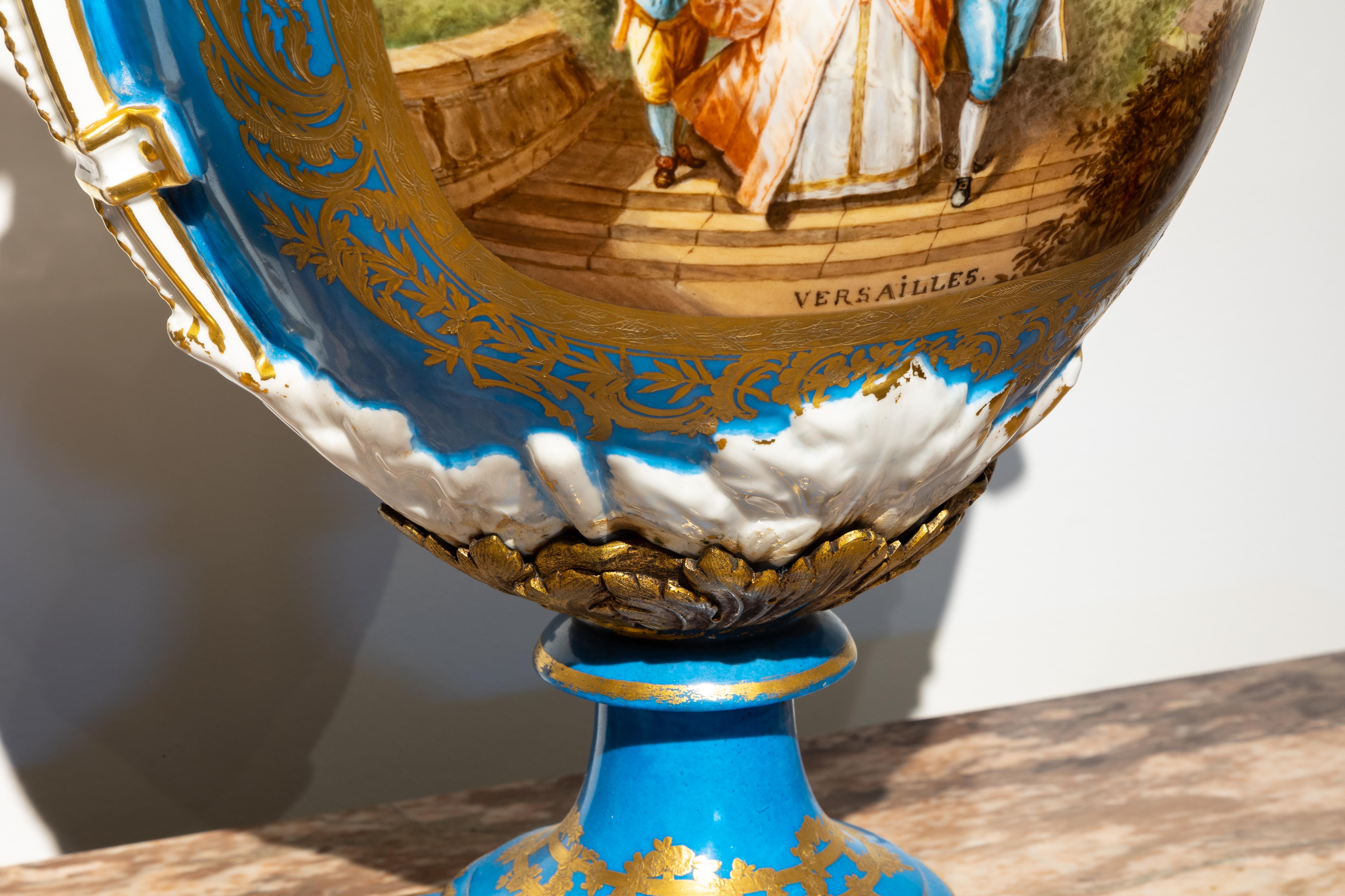 Belle Époque Very Fine Pair of Large 19th C French Sevre's Porcelain Robins Egg Blue Urns 