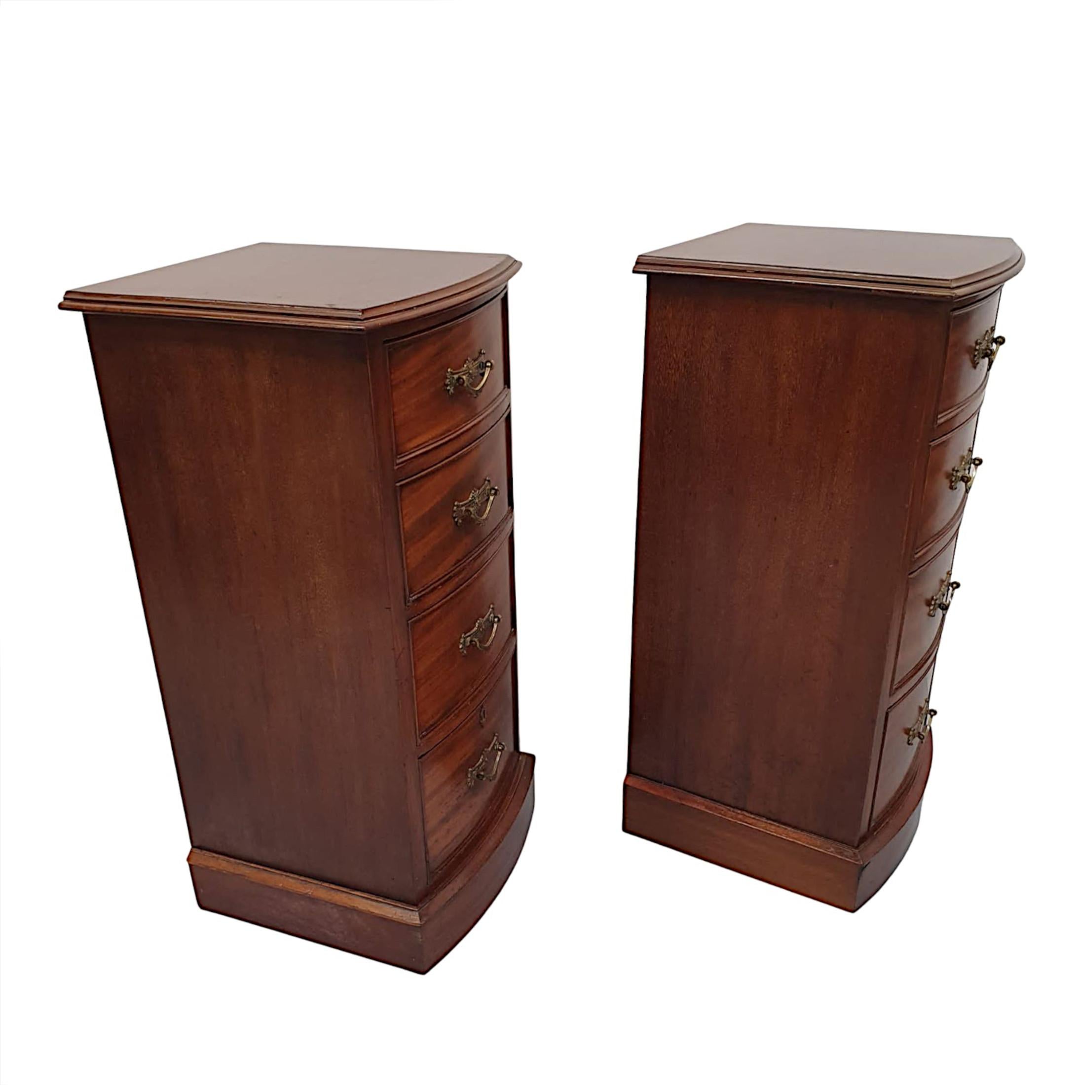 A very fine pair of 19th Century mahogany bow fronted bedside chests of grand proportions, exceptional quality and fabulously hand carved with gorgeously rich patination and grain. The well figured moulded top with stepped thumb moulded edge is