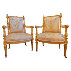 Very Fine Pair of Late 18th Century French Louis XVI Fauteuils, Gilt Carved