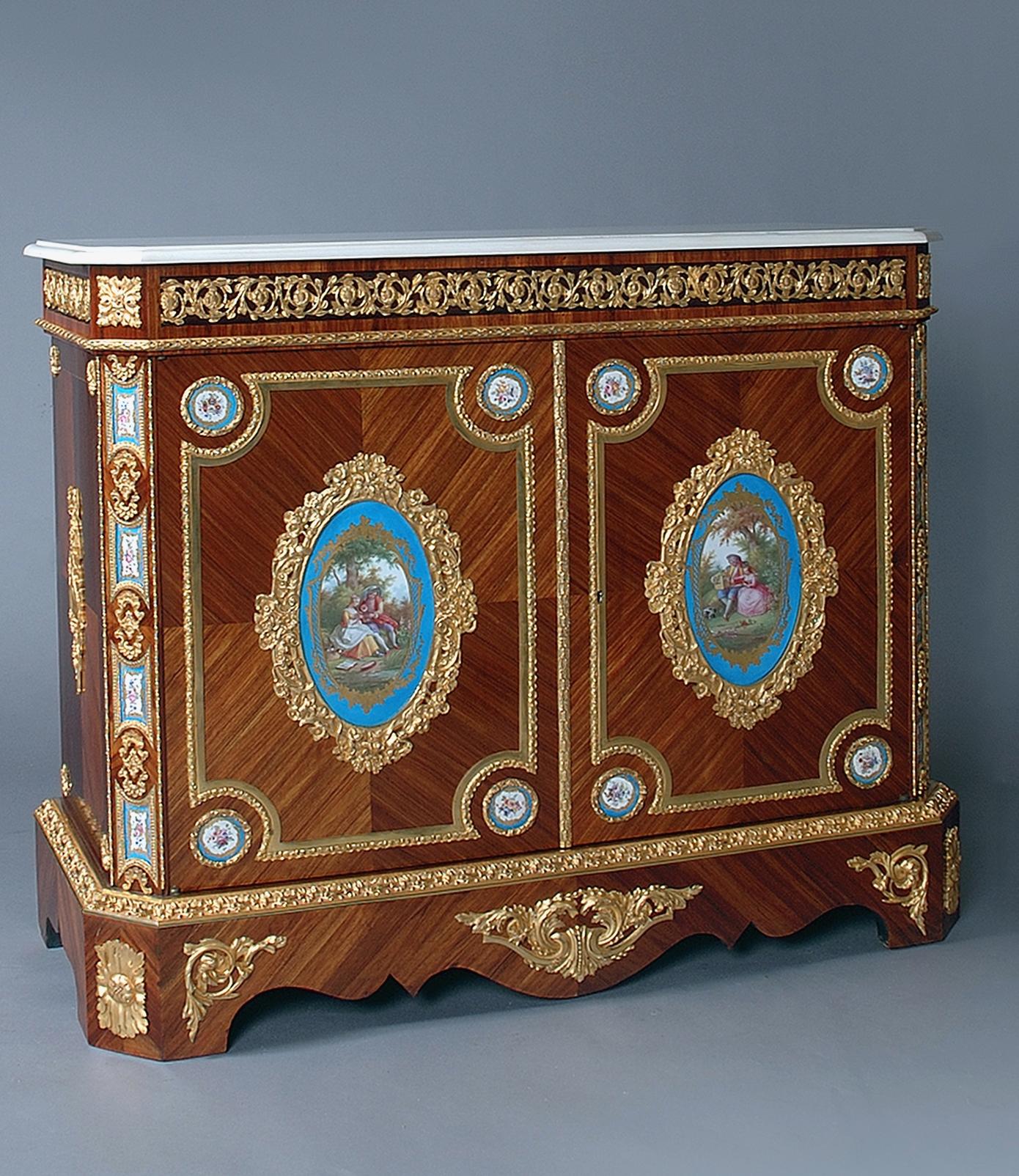 Louis XVI Very Fine Pair of Side Cabinets with Sèvres-style Porcelain Panels, circa 1860