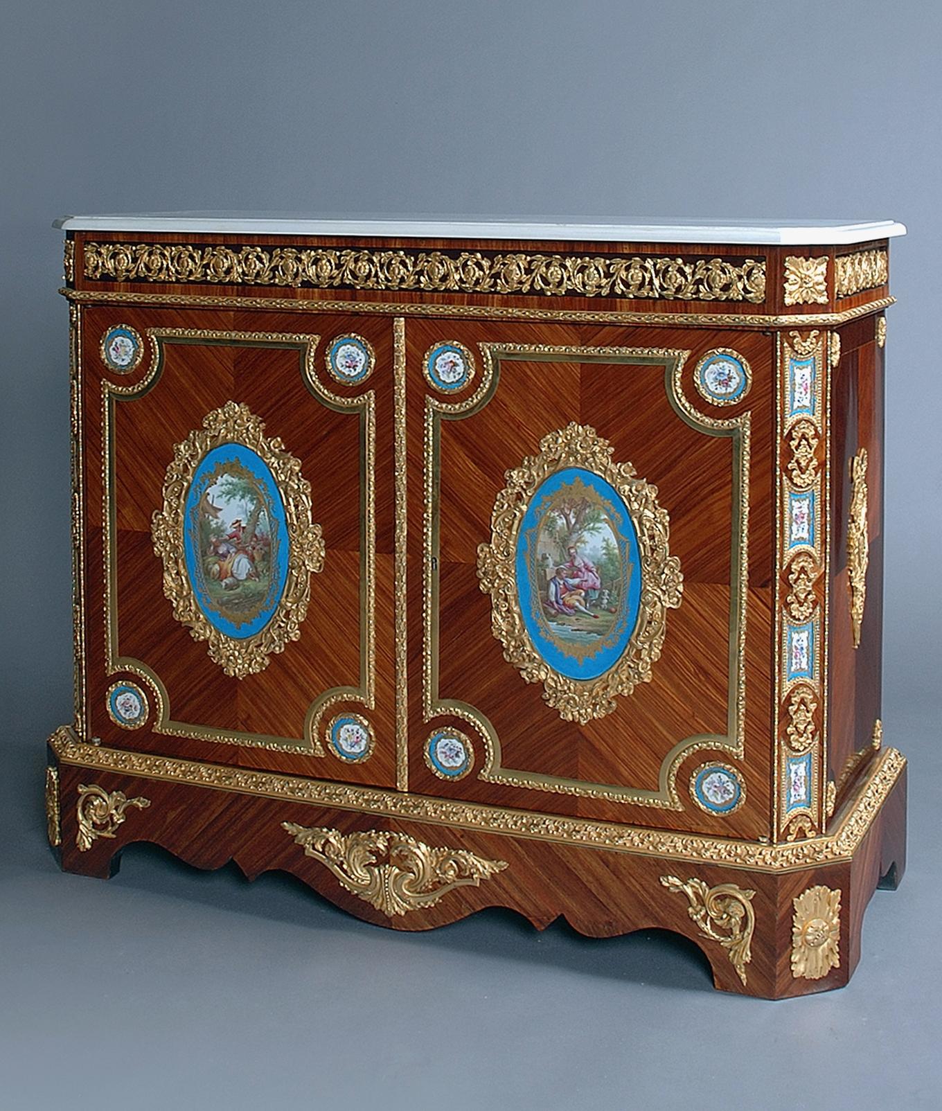 French Very Fine Pair of Side Cabinets with Sèvres-style Porcelain Panels, circa 1860