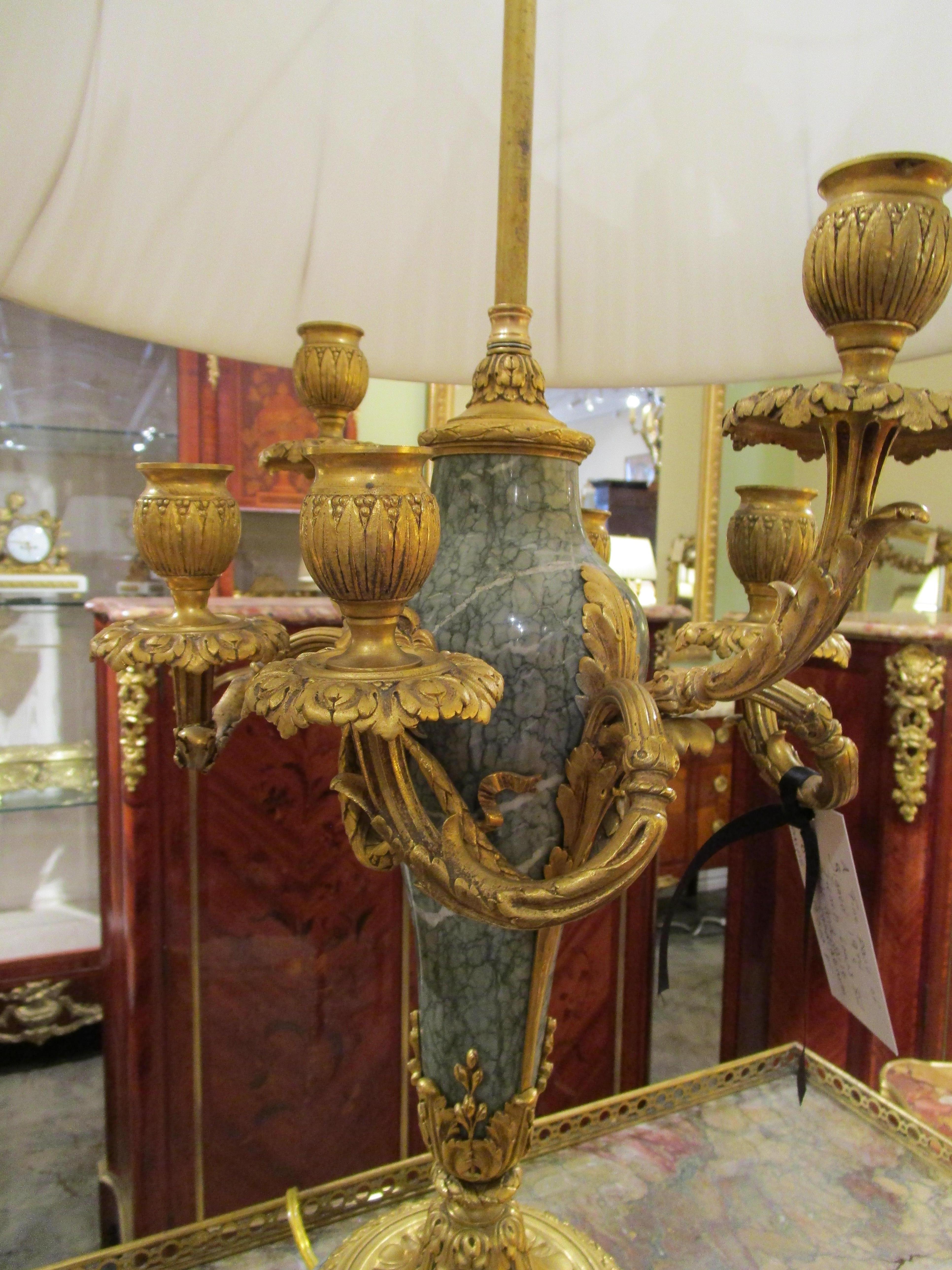 A  pair of signed 19th c  Louis XVI marble and gilt bronze lamps by Thiebault In Good Condition For Sale In Dallas, TX