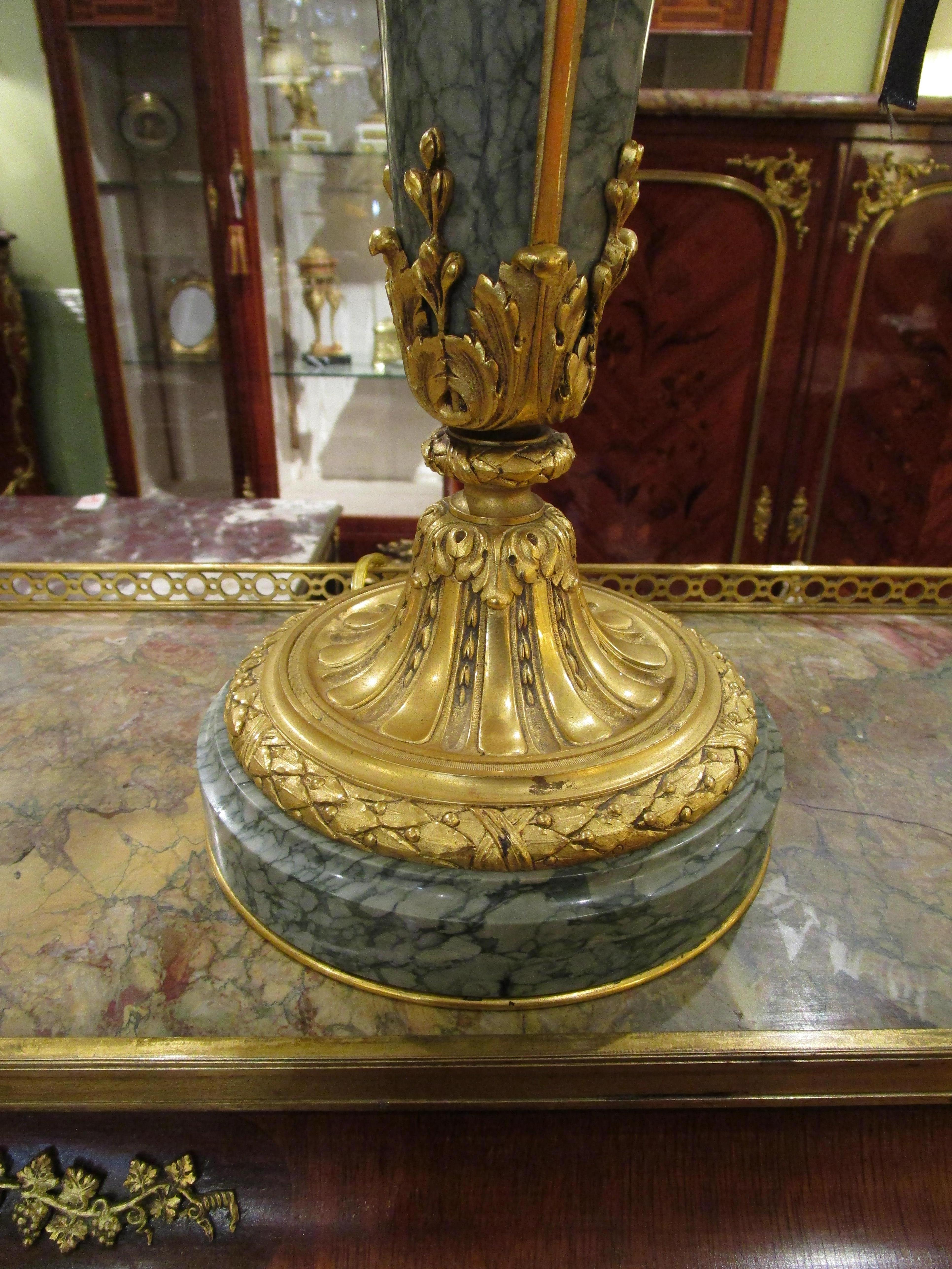 19th Century A  pair of signed 19th c  Louis XVI marble and gilt bronze lamps by Thiebault For Sale