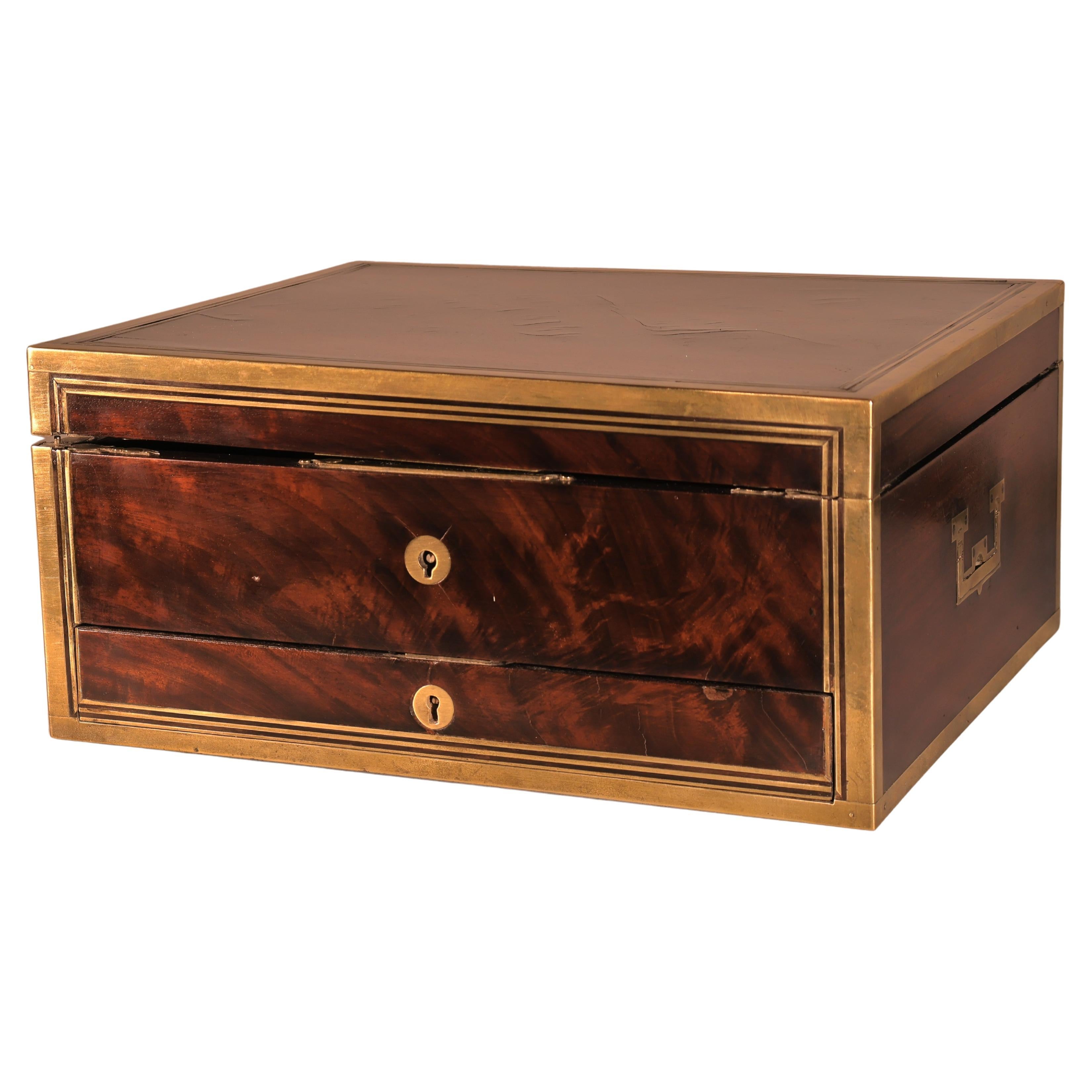 A Very Fine Plum Mahogany Brass Inlaid Box For Sale