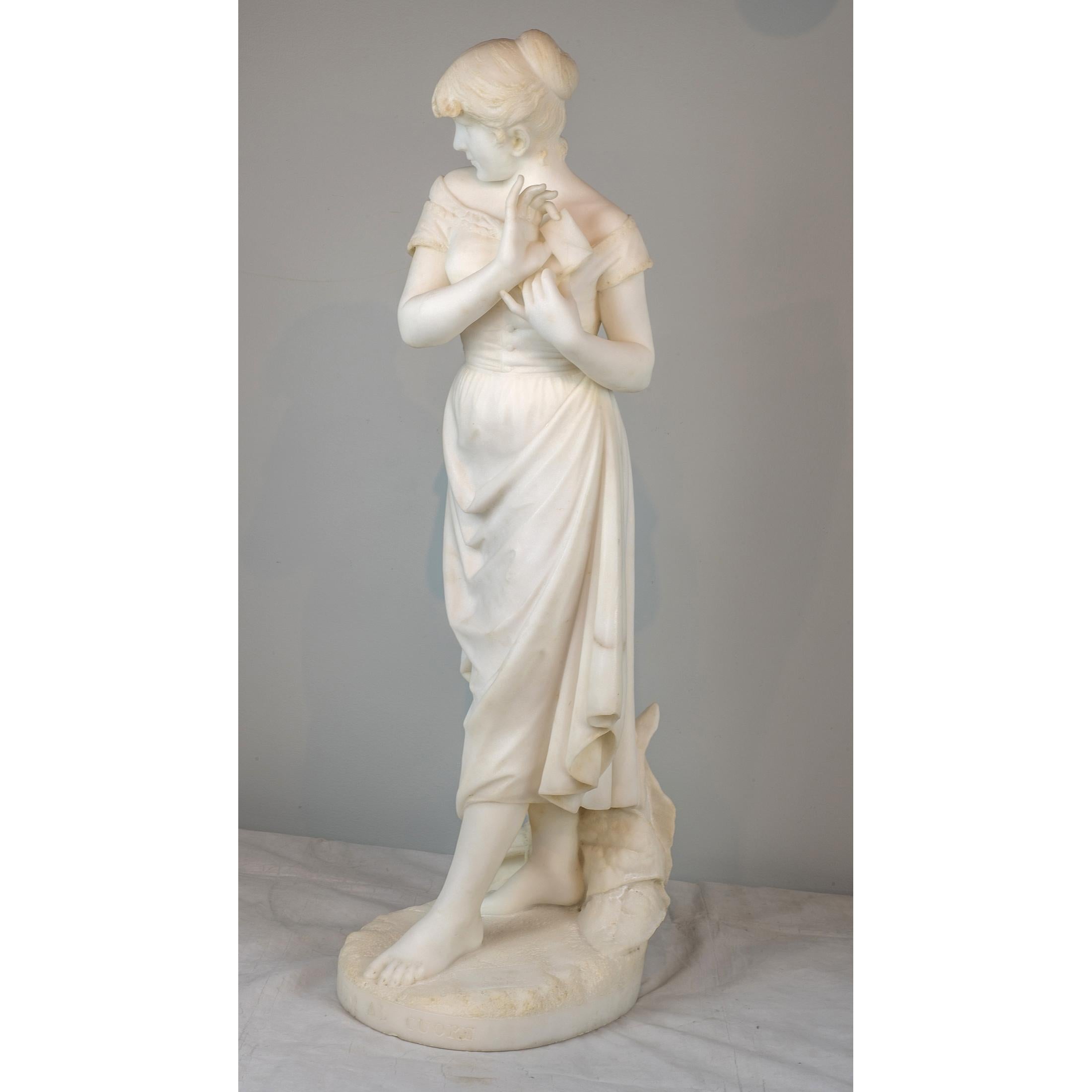 A fine quality white marble sculpture of a young maiden entitled “Segreto al cuore”. Signed Fratelli Lapini- Firenze on base.

Artist: Cesare Lapini (1848-1893)
Origin: Italian
Date: 19th century
Size: 29 1/4 in. x 8 in. x 11 in.