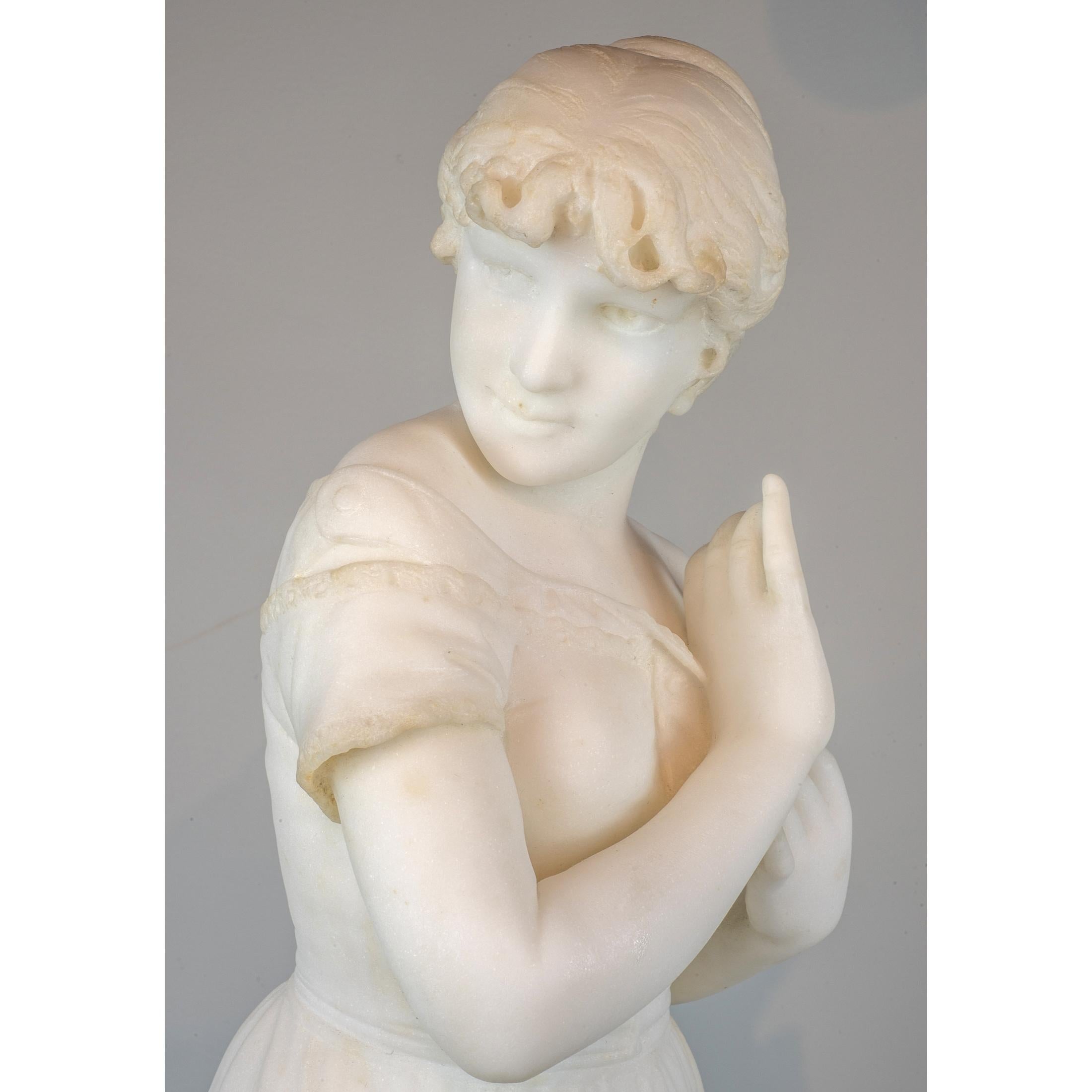 White Marble Sculpture Statue of a Maiden by Cesare Lapini In Good Condition For Sale In New York, NY