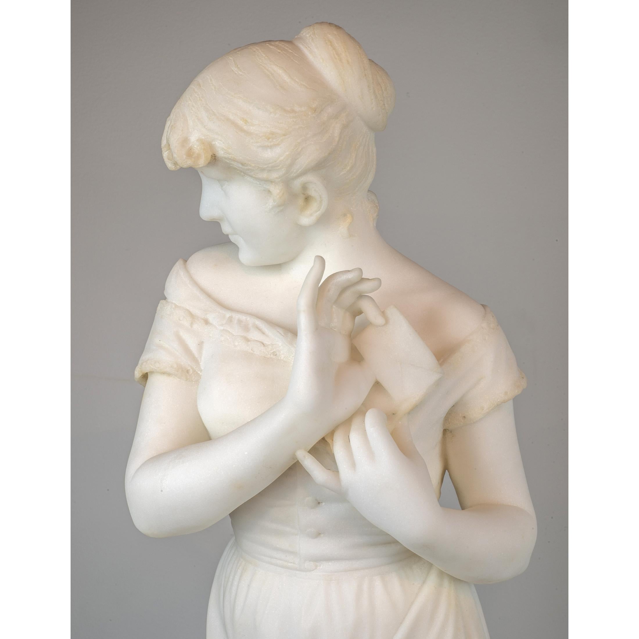 19th Century White Marble Sculpture Statue of a Maiden by Cesare Lapini For Sale