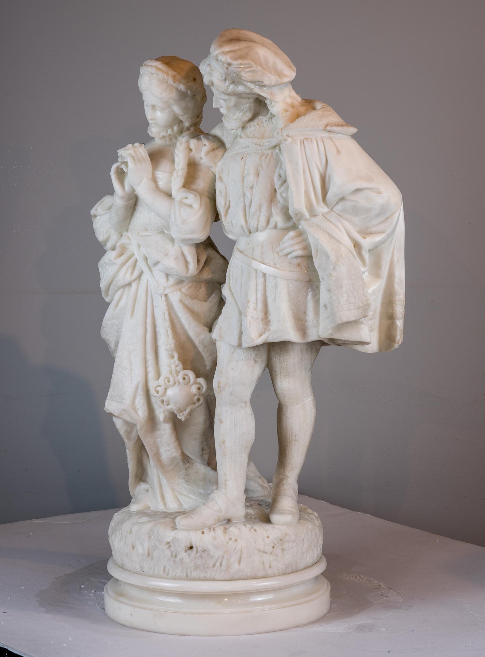 A fine quality Carrara marble sculpture of lovers. The young maiden holding a daisy while the gentleman embraces her pationately.

Artist: Attributed to Pasquale Romanelli (1812-1887)
Origin: Italian
Date: 19th century
Size: 28 in. x 17 in.