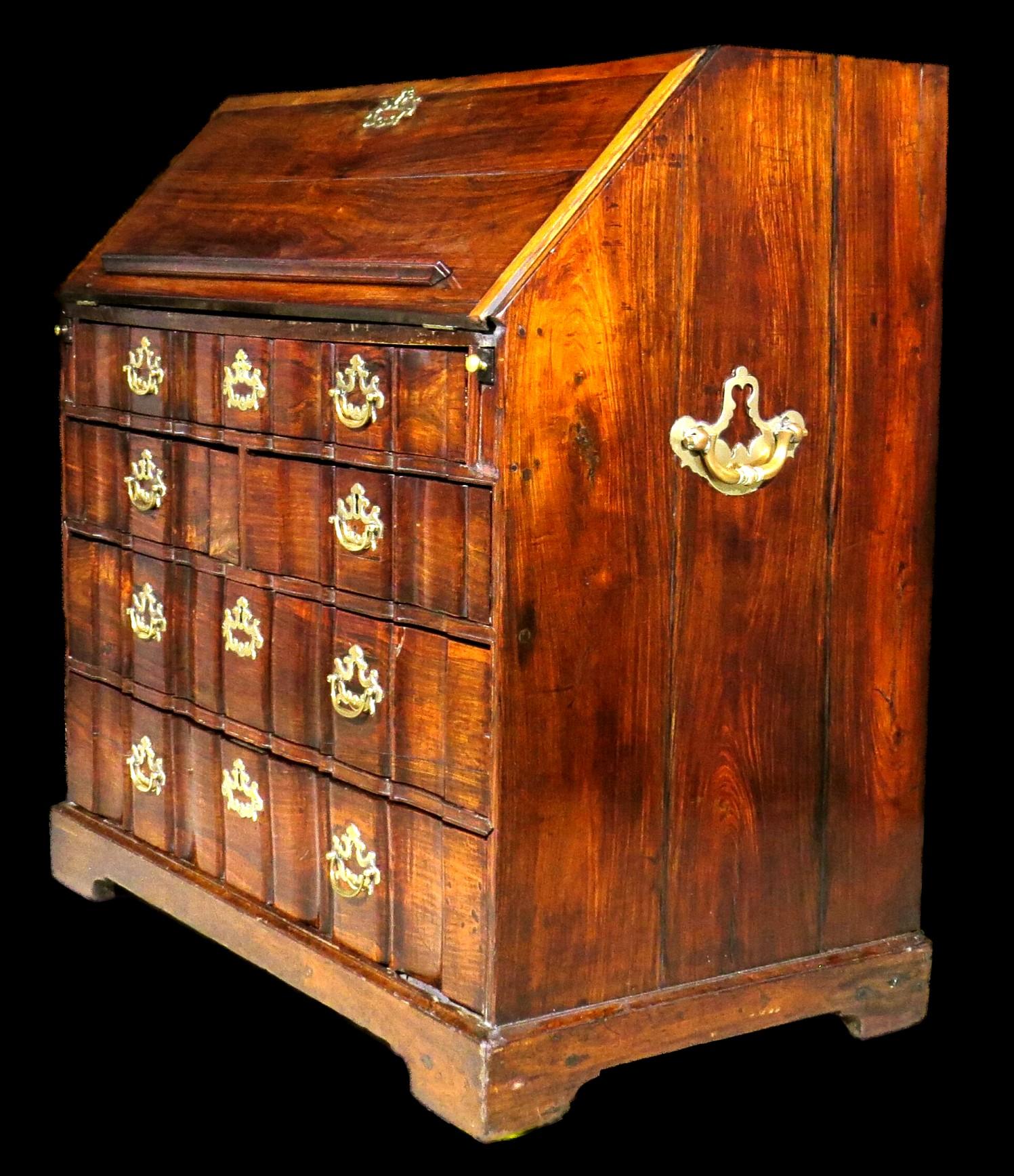 Hand-Carved A Very Fine & Rare 18th Century Chinese Export Padouk Block-Front Bureau For Sale