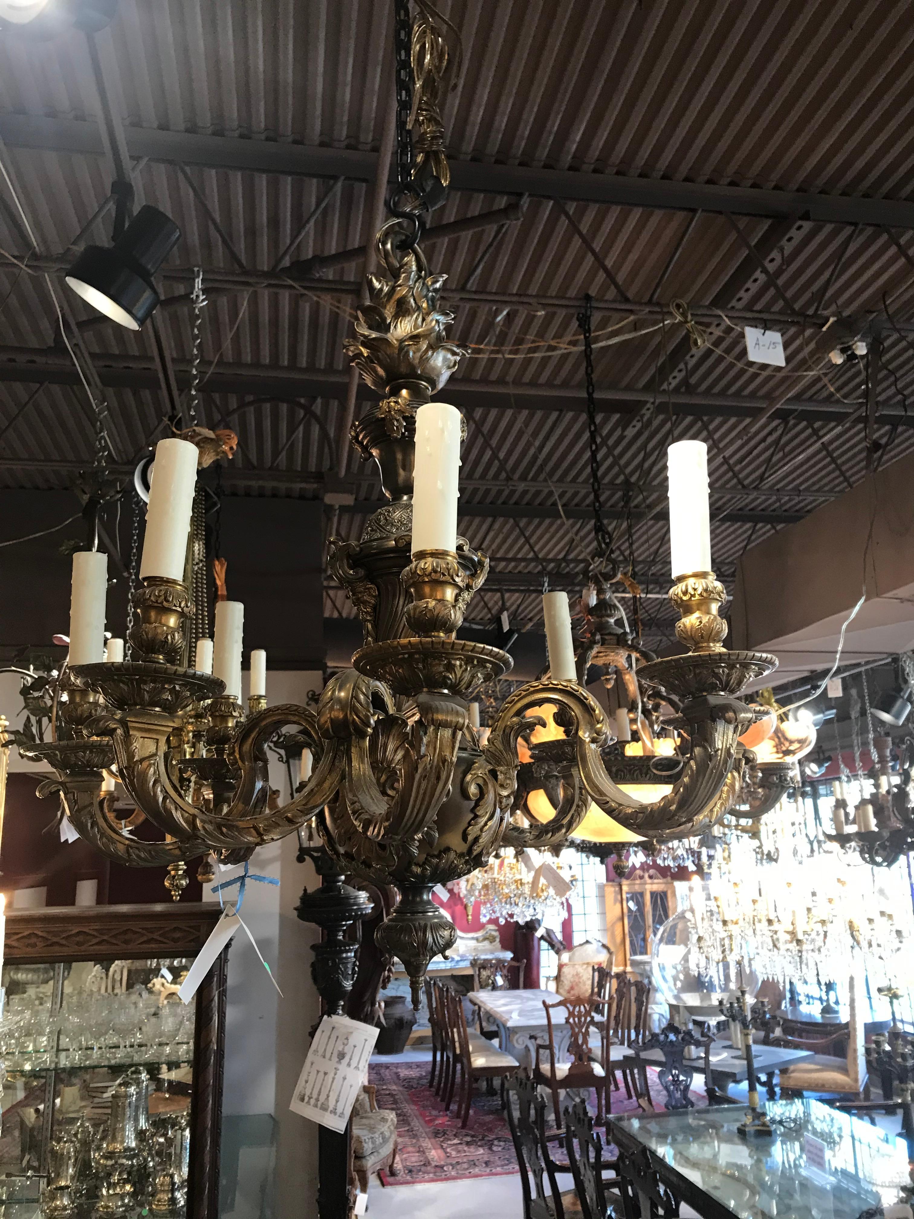 A very fine Regence style gilt bronze chandelier. Great detail. 8-light.
France, circa 1900.
Dimensions: Height 28