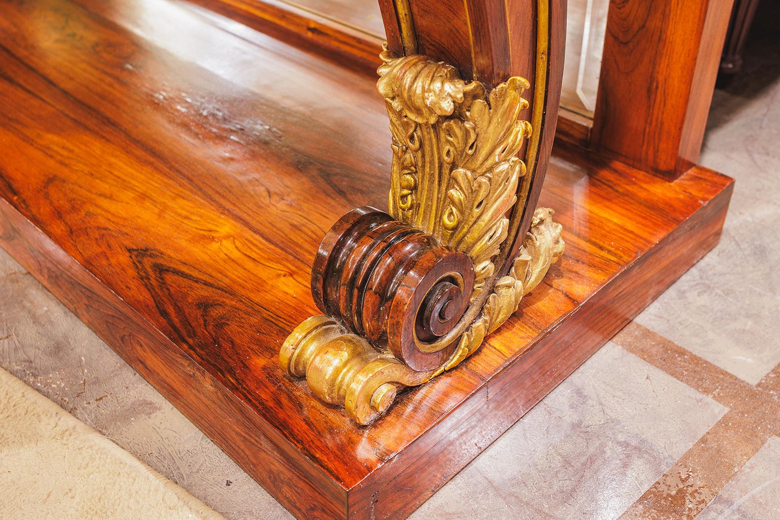 Gilt A very fine Regency period rosewood and parcel gilt marble top console table  For Sale