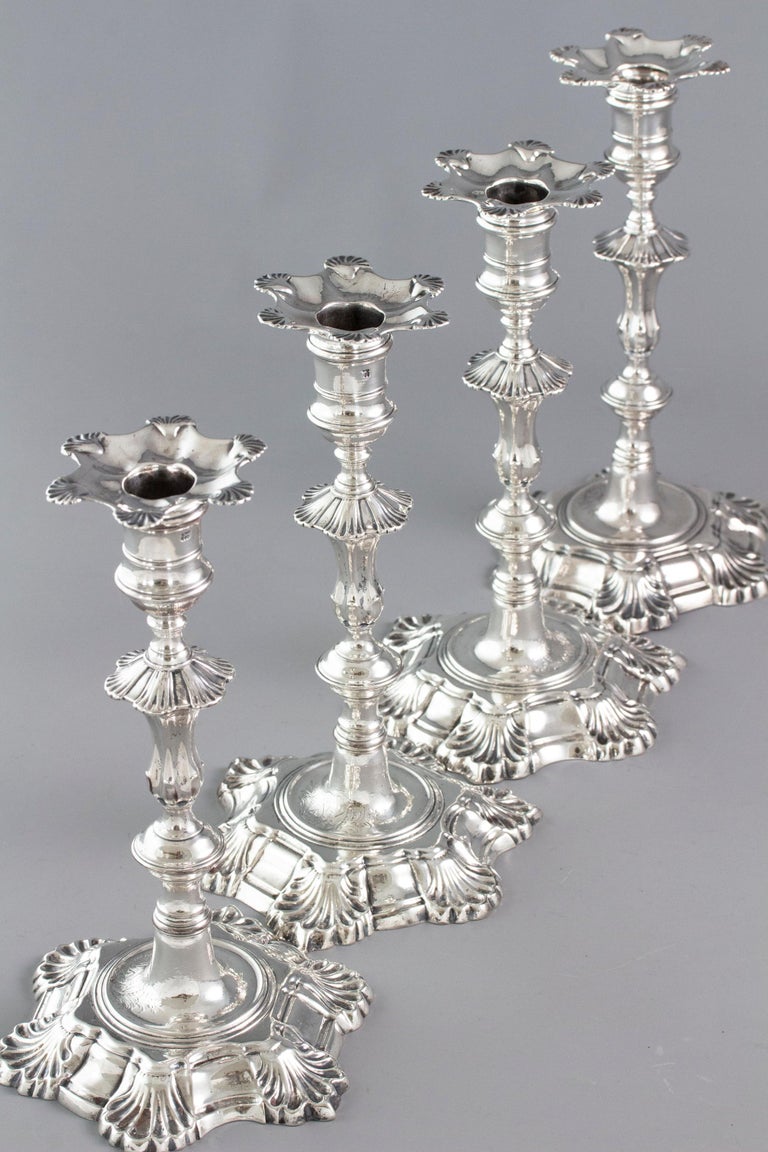 Very Fine Set of Cast Silver Candlesticks by John Cafe London, 1750 For