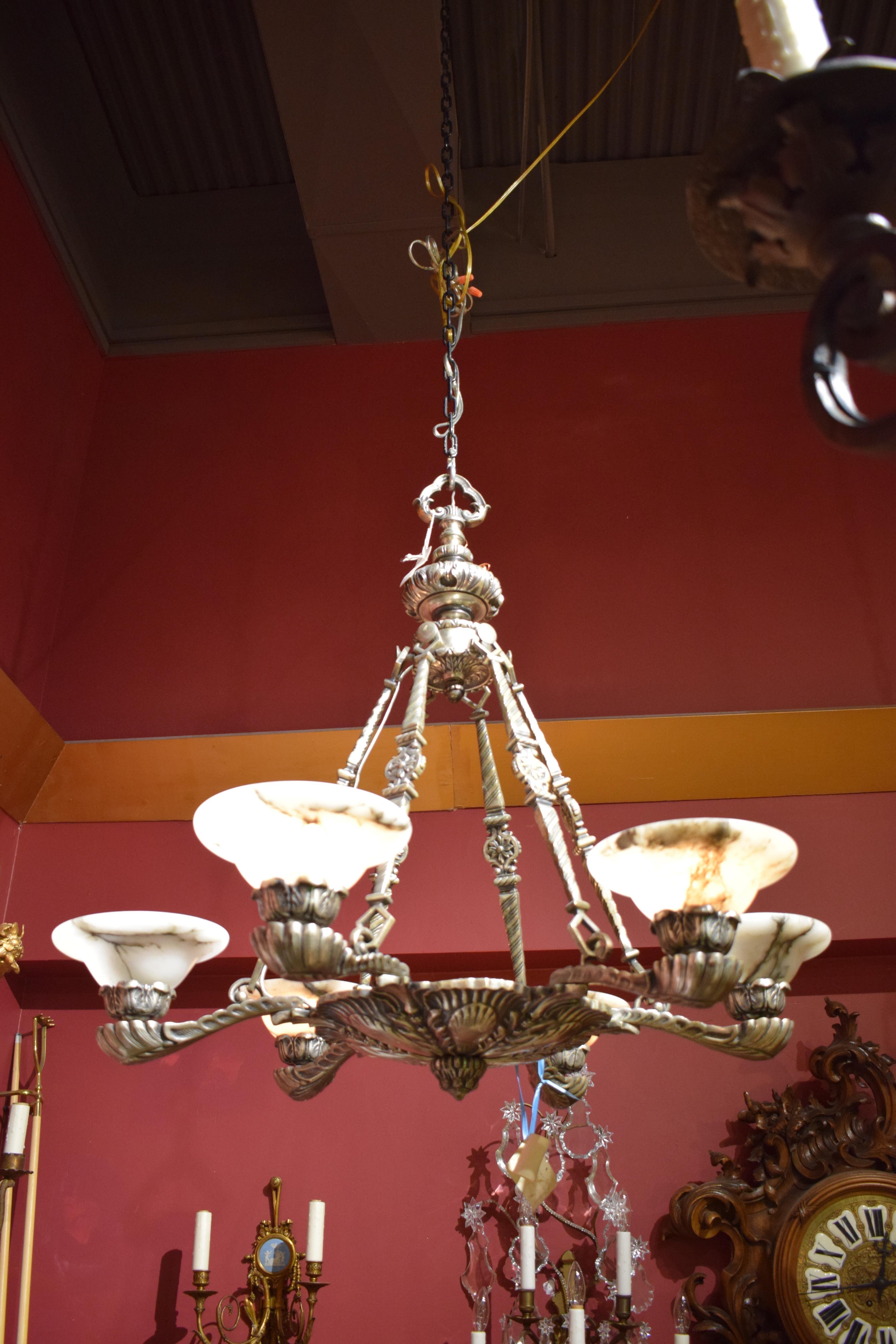 French Very Fine Silver over Bronze & Alabaster Chandelier For Sale