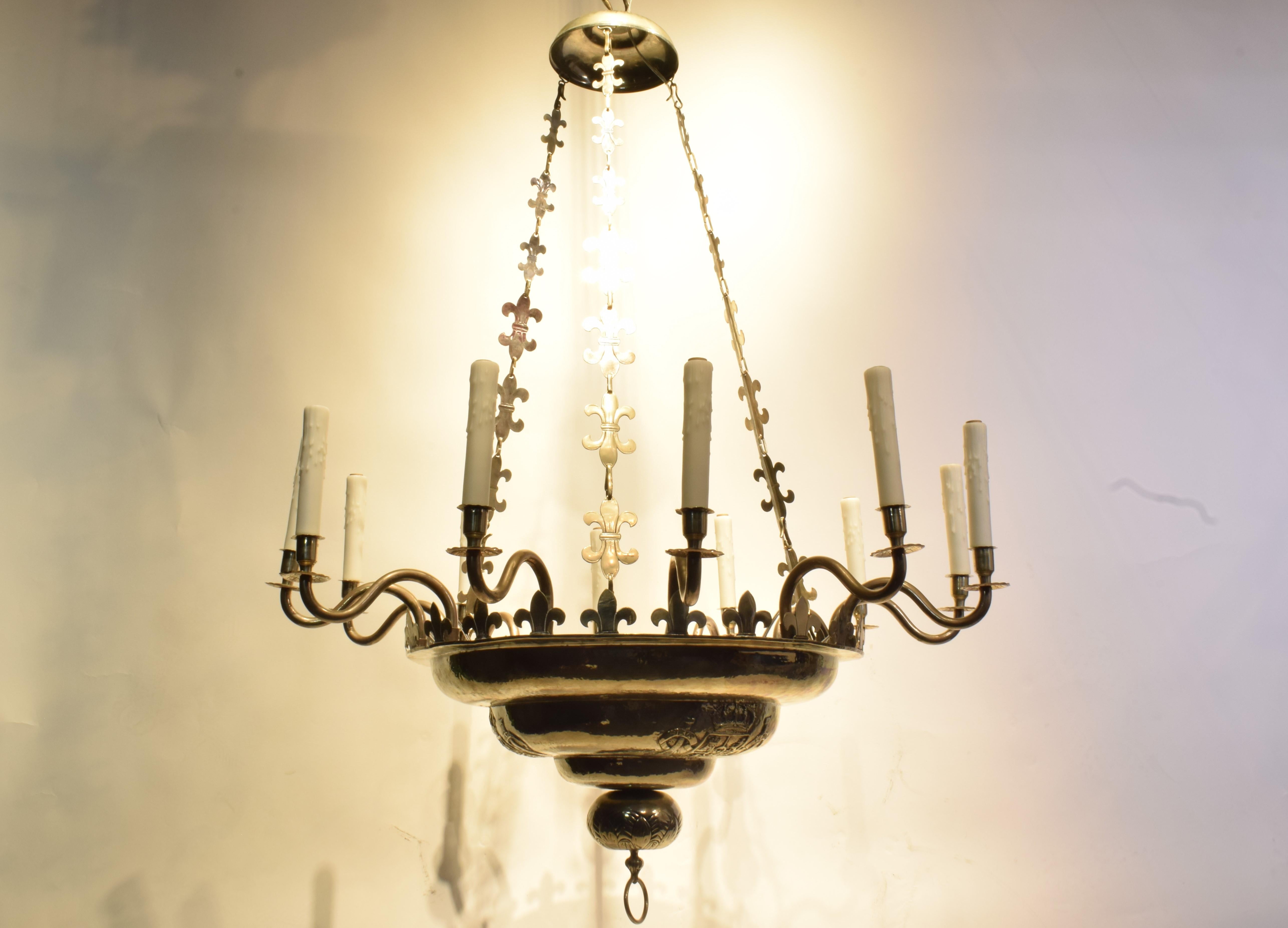 French A Very Fine Silver over Bronze Chandelier in the Regency taste. For Sale