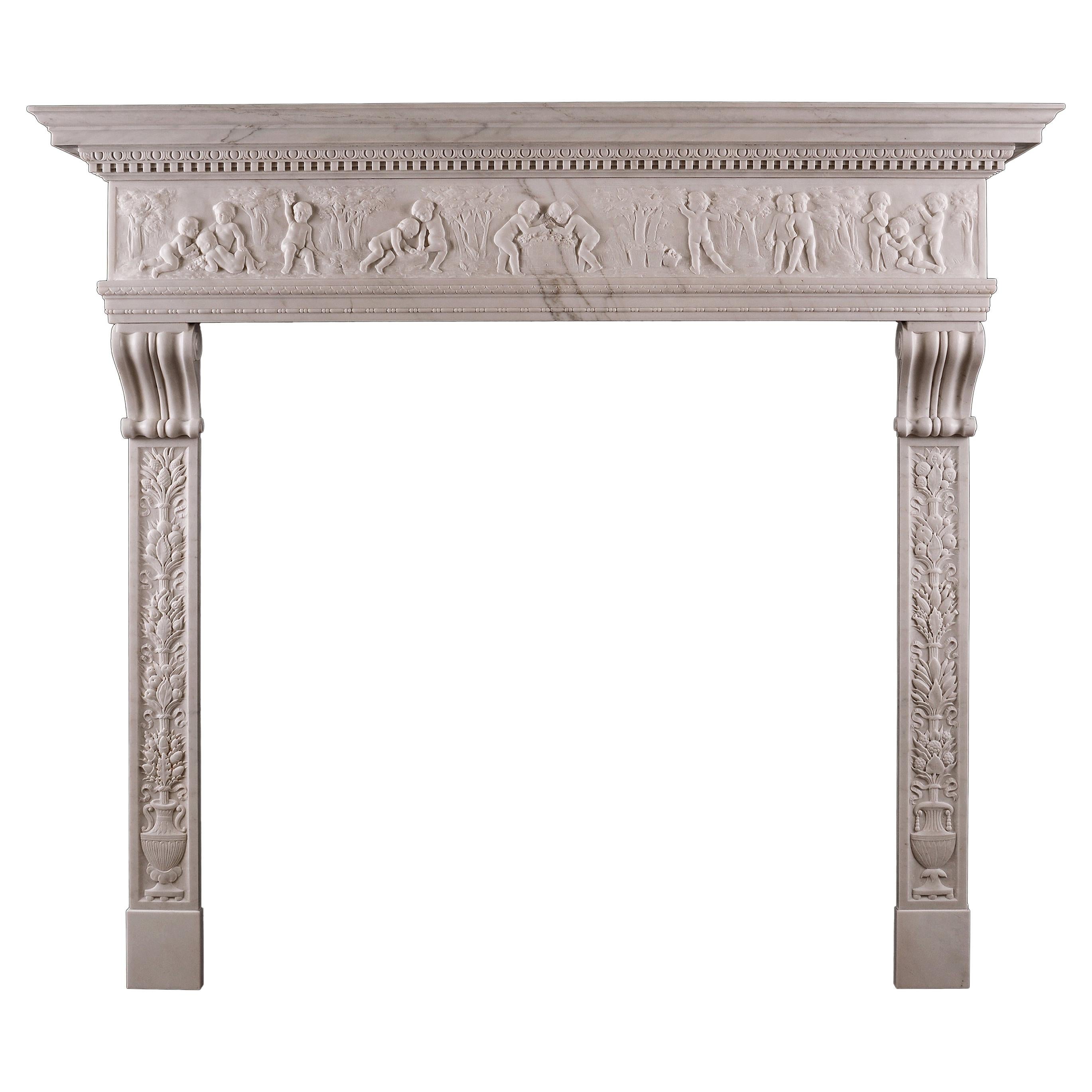 Very Fine Statuary White Marble Fireplace in the Italian Renaissance Manner