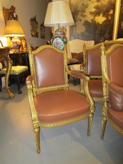 Very Fine Suite of 19th Century Louis XVI Giltwood Carved Armchairs and Settee