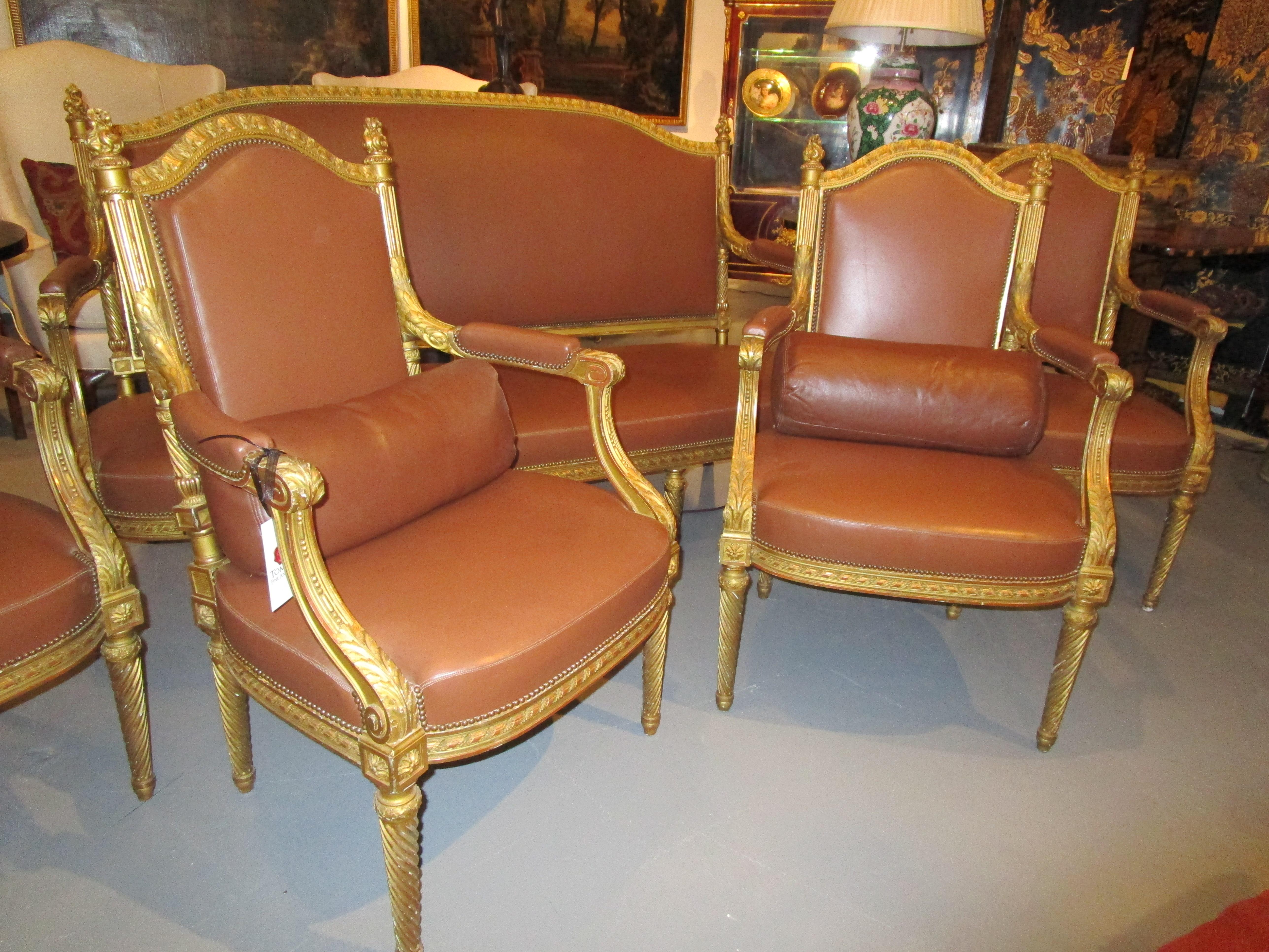 Hand-Carved Very Fine Suite of 19th Century Louis XVI Giltwood Carved Armchairs and Settee For Sale
