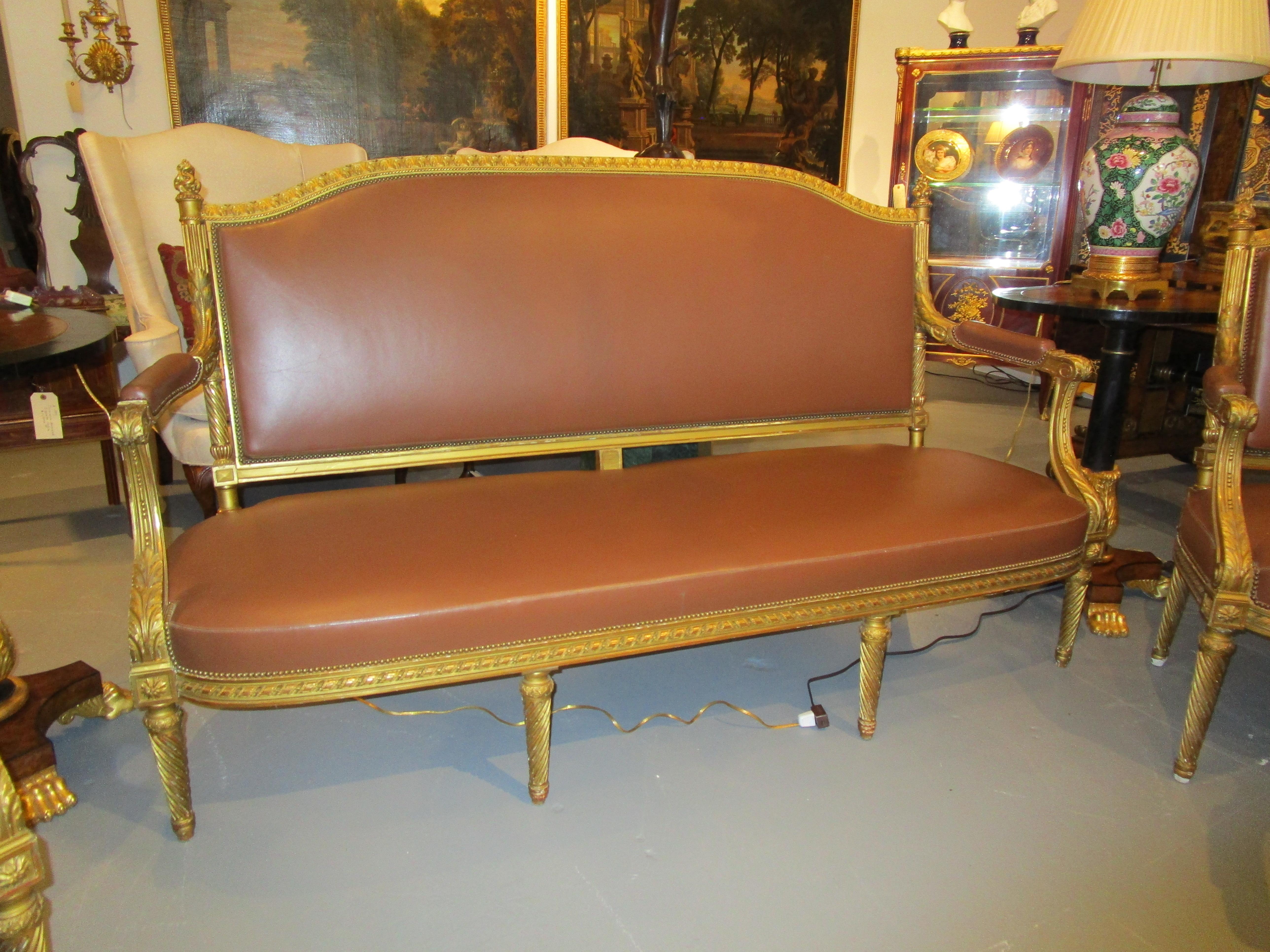 Very Fine Suite of 19th Century Louis XVI Giltwood Carved Armchairs and Settee For Sale 2