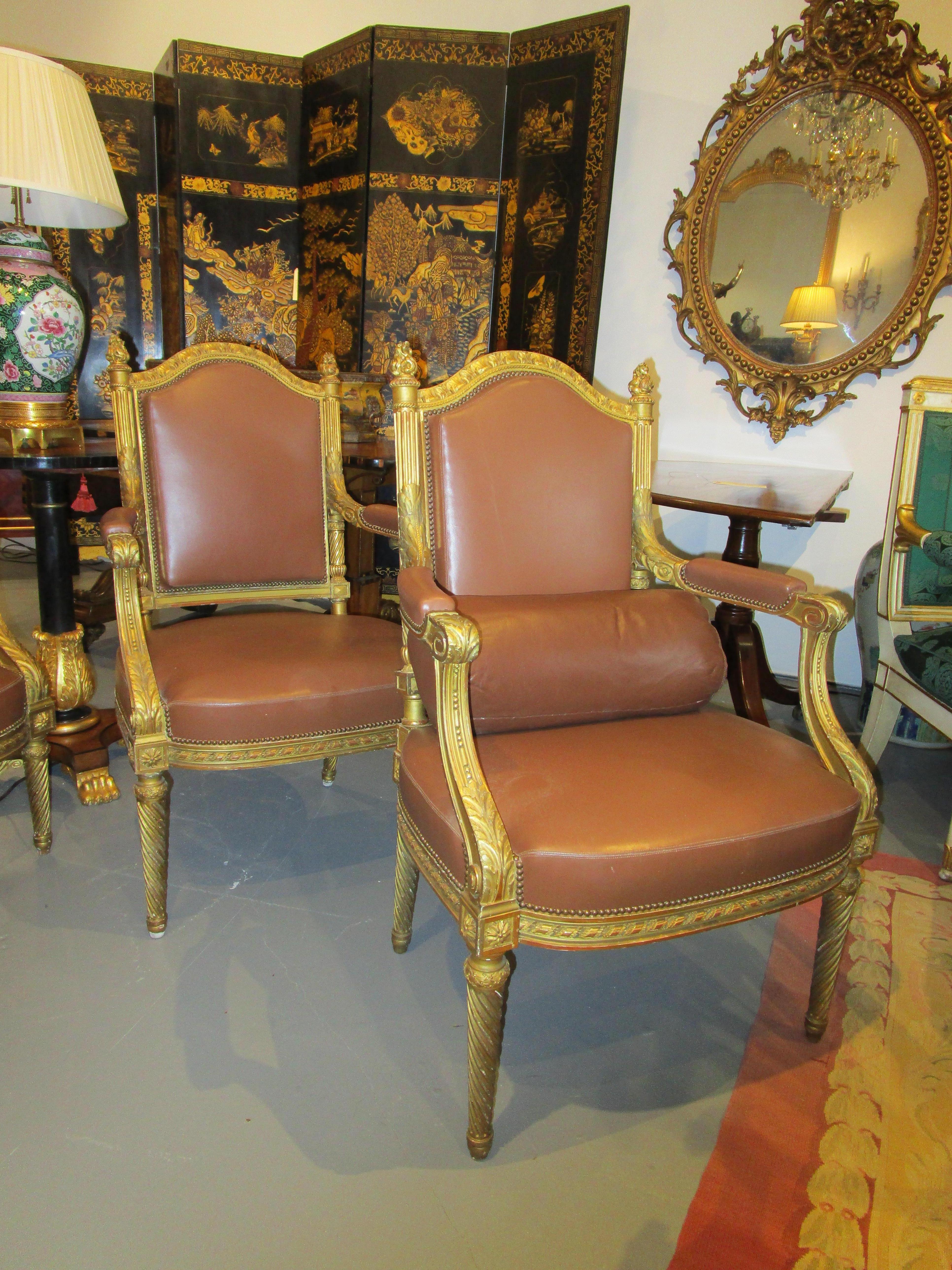 Very Fine Suite of 19th Century Louis XVI Giltwood Carved Armchairs and Settee For Sale 3
