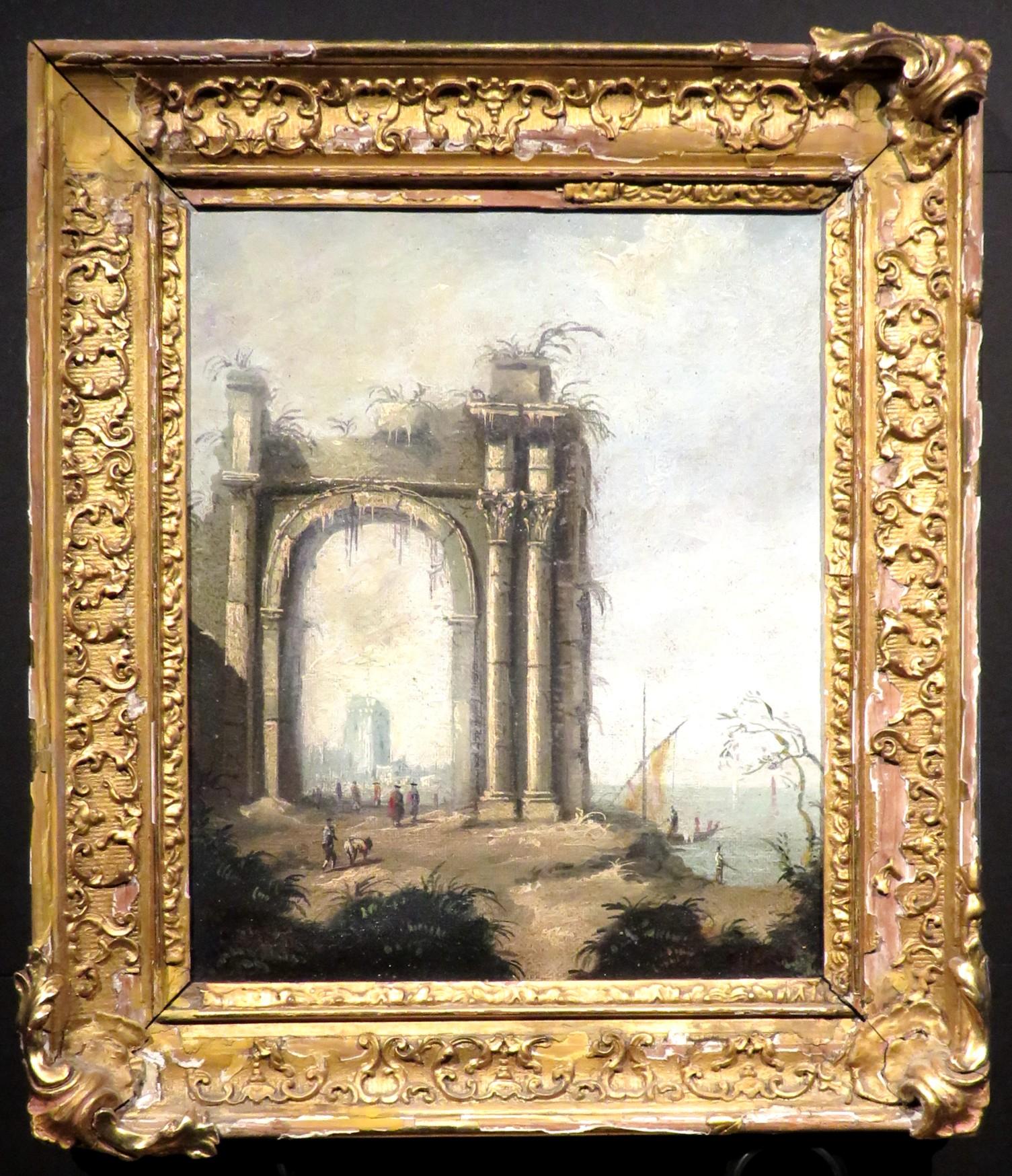 The foreground showing figures walking among the ruins of a triumphal arch, beyond are sailing vessels on the Venetian Lagoon, on the far shoreline is a view of La Torre di Malghera (Tower of Malghera). 
Oil on canvas laid down on a wood panel.