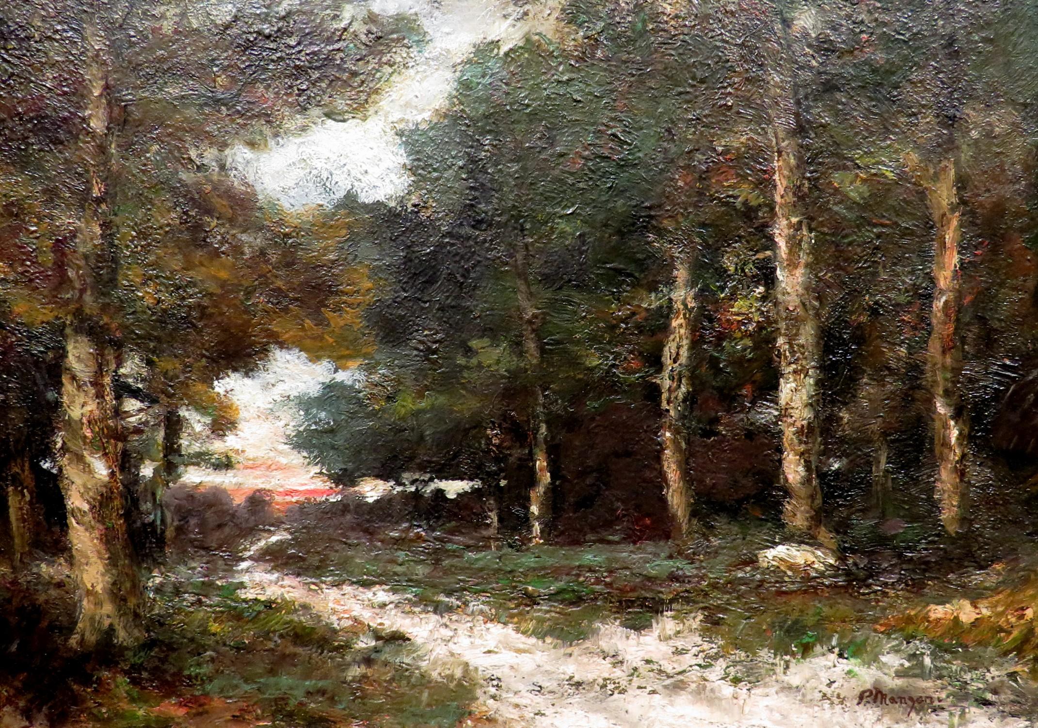A finely executed 19th century Italian ‘plein air’ forested landscape, demonstrating a highly developed & balanced application of natural light, texture & shading. Oil on wood panel, signed P. Manzoni bottom right.    
Dimensions, (sight) 8.75