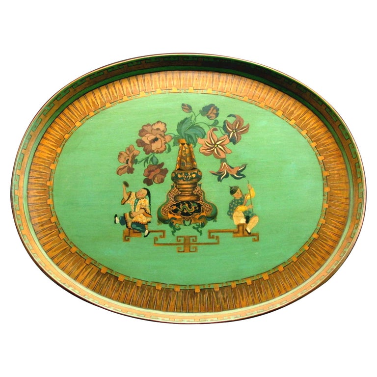 Very Good Chinoiserie Decorated Green Papier Mâché Tray, England, circa 1840 For Sale