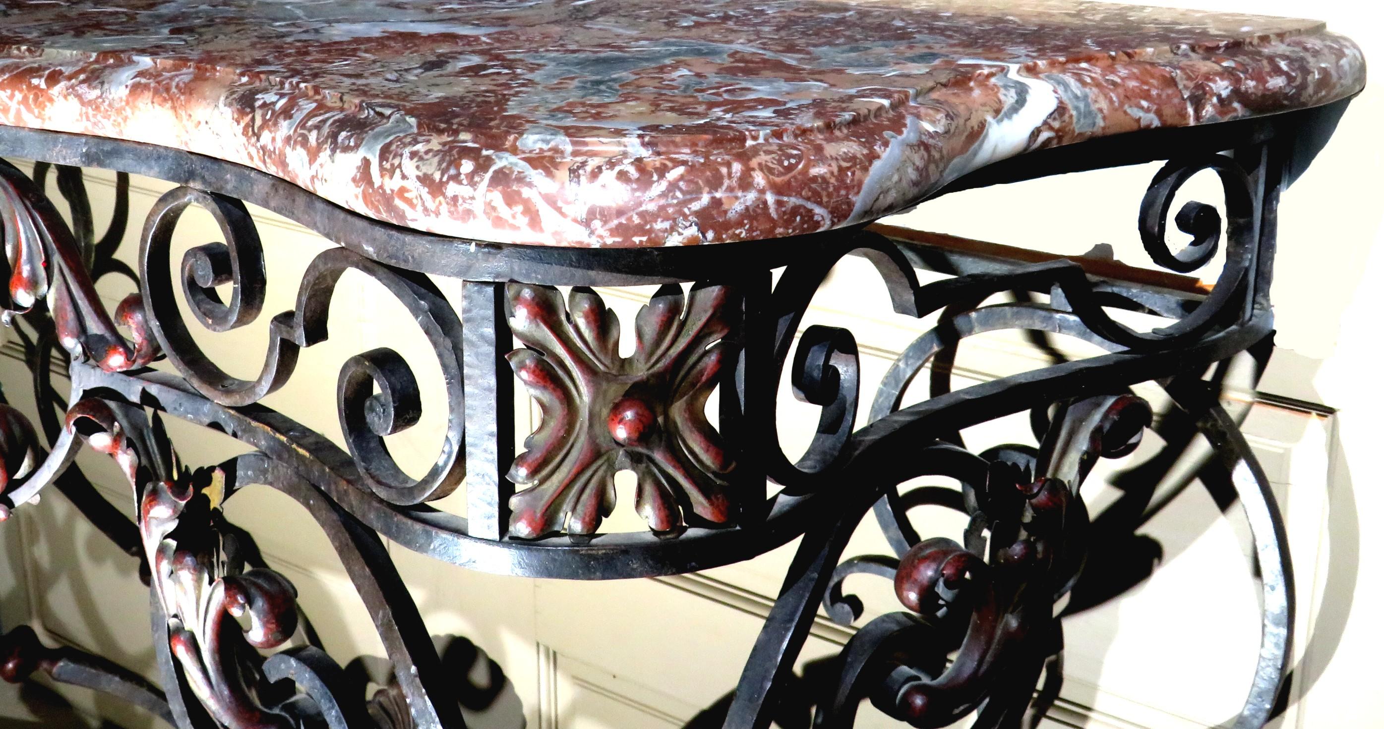 Cold-Painted A Very Good Louis XV Style Marble Topped Wrought Iron Console Table, Circa 1900 For Sale