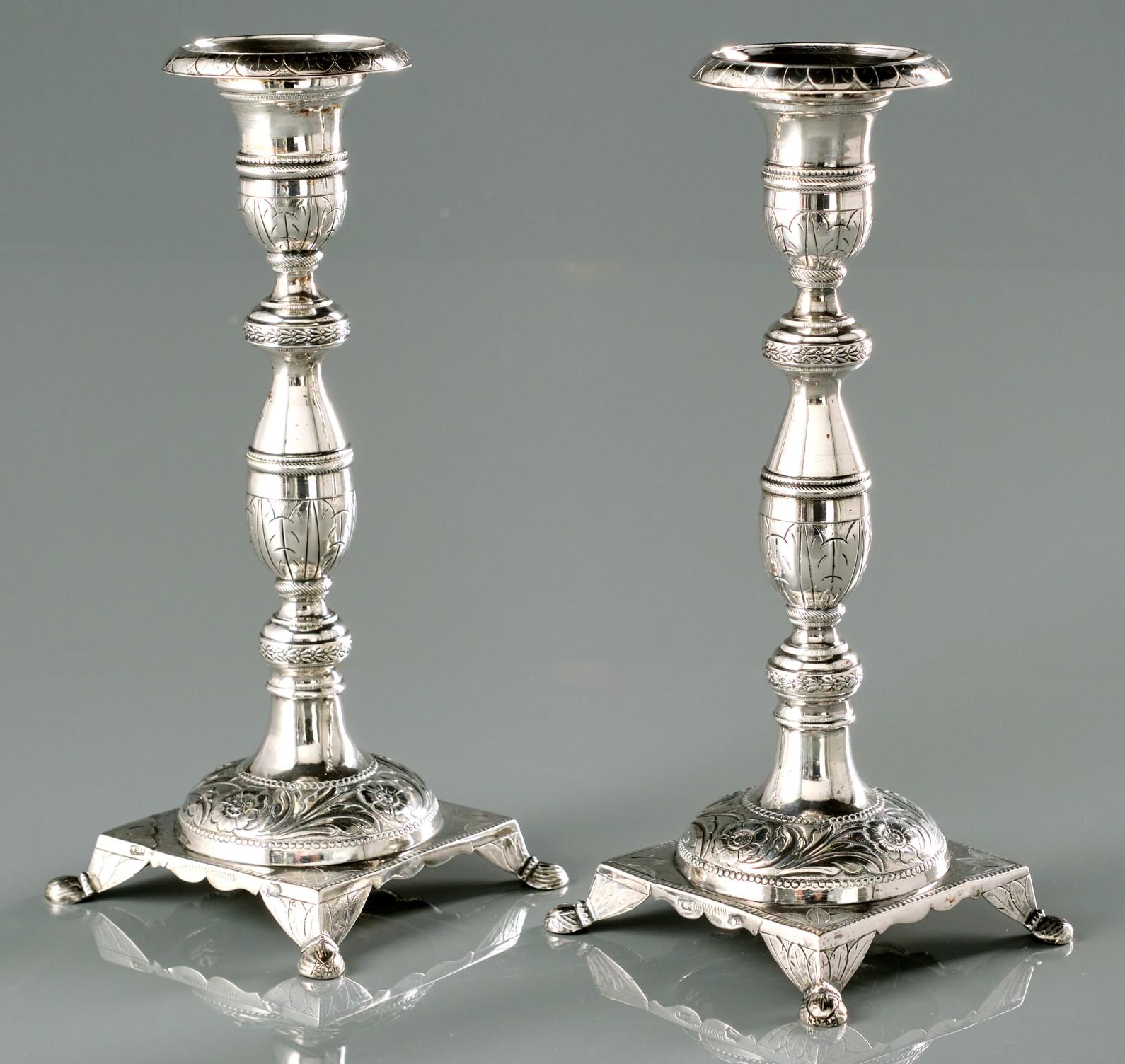 Other Very Good Pair of 19th Century Cast Portuguese Silver Shabbat Candlesticks