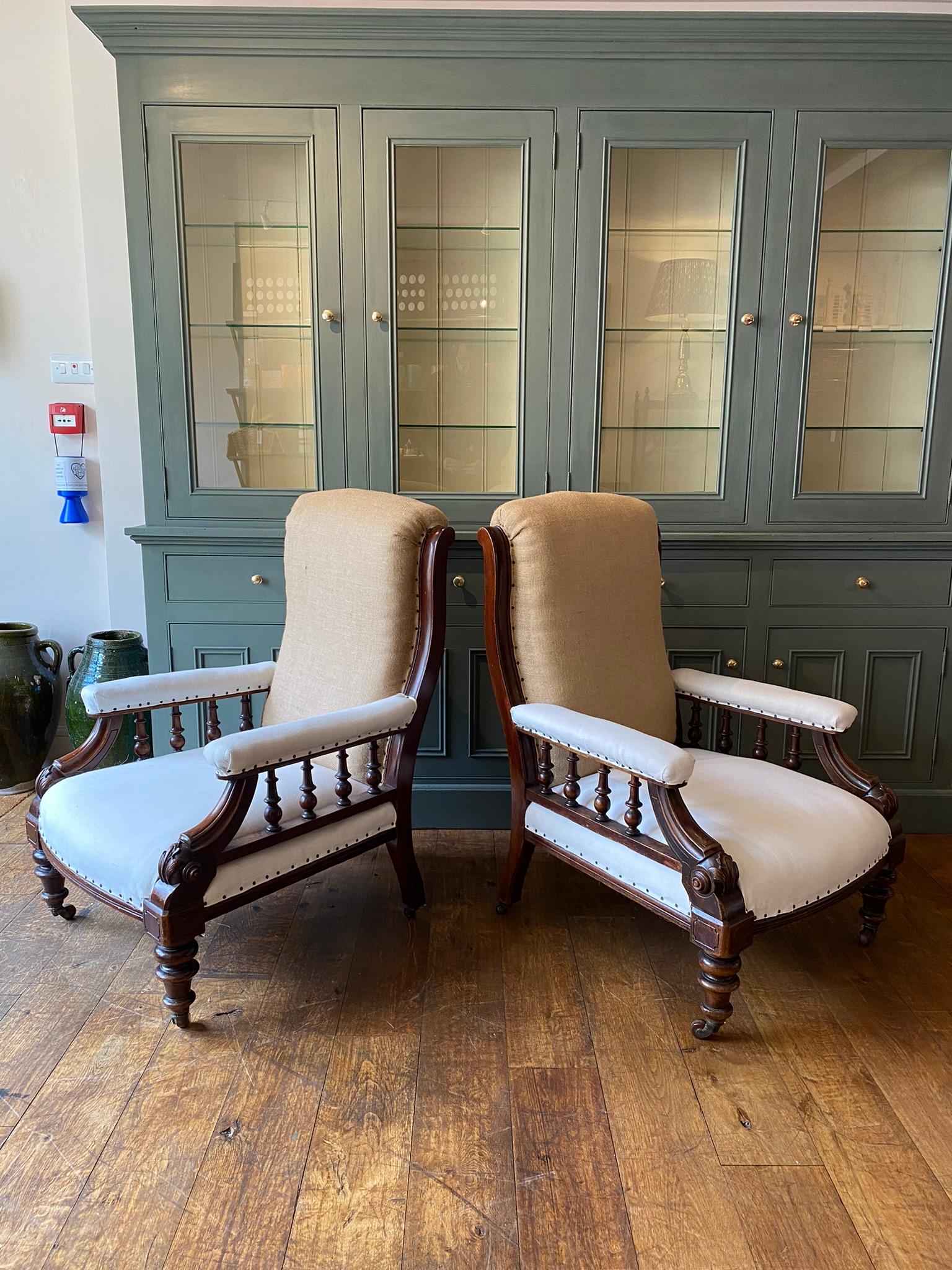 Late Victorian Very Good Pair of English Show Framed Library Chairs