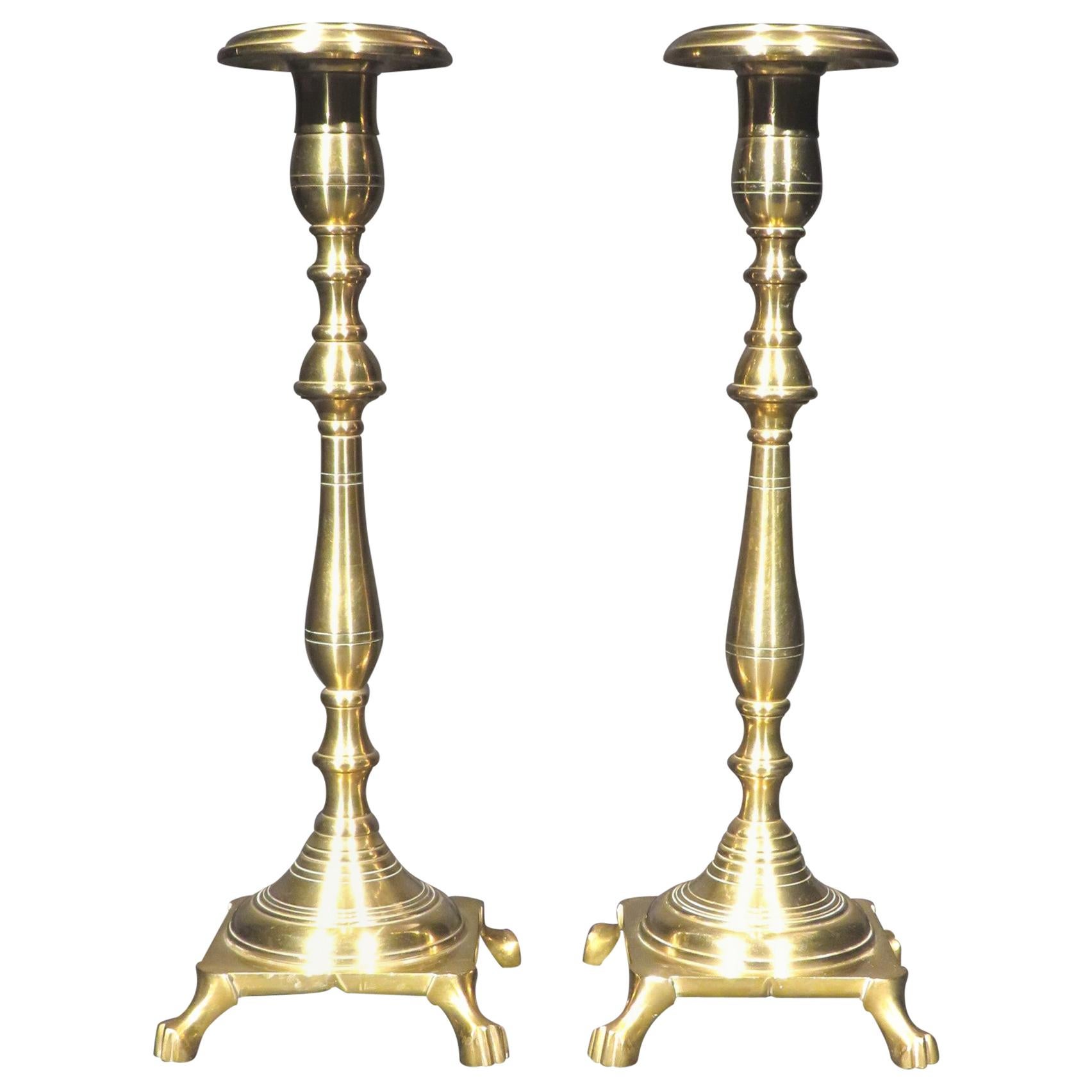 A Very Good & Heavy Pair of Russian Brass Shabbat Candlesticks, Circa 1900 For Sale