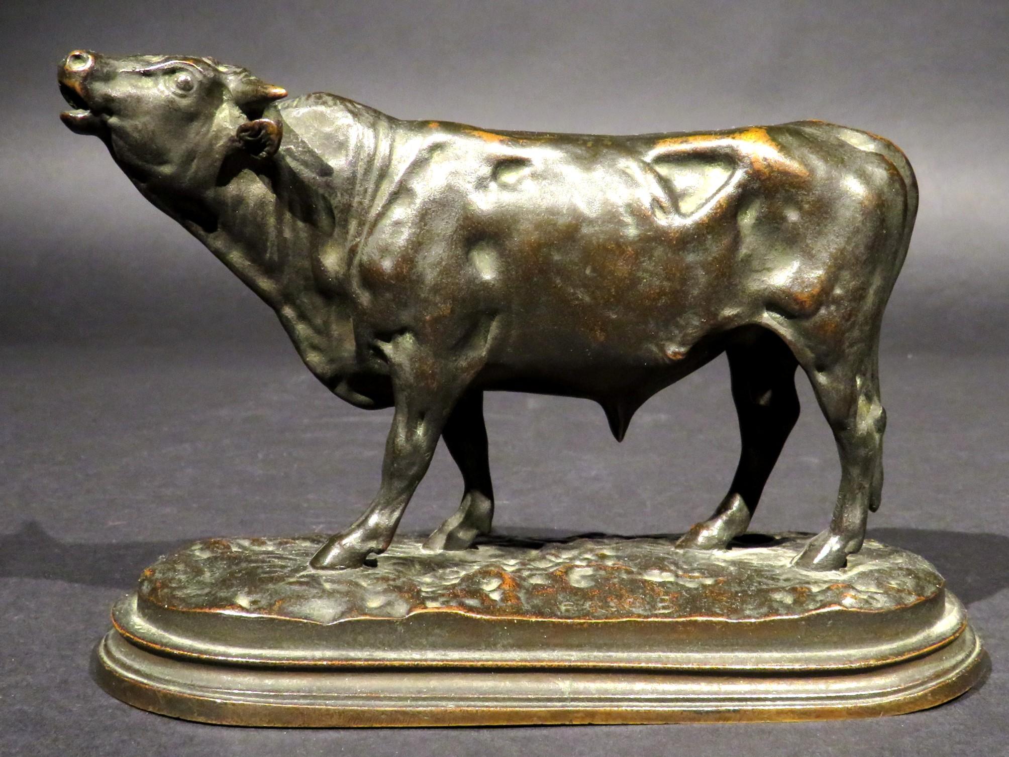 Although there is seemingly no apparent foundry mark, this finely cast & patinated animalier bronze known as ‘Bull’ or ‘Taureau Beuglant’ is exemplary in demonstrating exceptional attention to musculature, proportion, definition, and superior